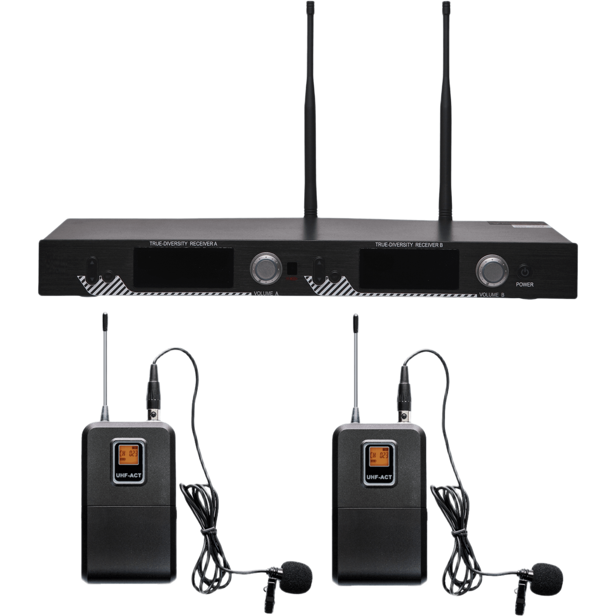 Kit de Microfonía inalámbrico | 2 Micrófonos de Lavalier | Receptor UHF | Pantalla LCD | 200 Canales | Gran cobertura