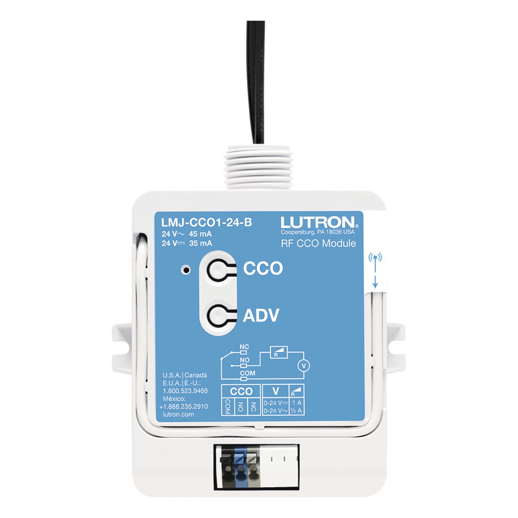 Módulo CCO de RF con salida de contacto seco NO/NC, 24 V, tipo mantenido o momentáneo, para integrar RadioRA 2, RadioRA 3 y HomeWorks QS con sistemas de terceros — LUTRON ELECTRONICS · SKU LMJCCO124B