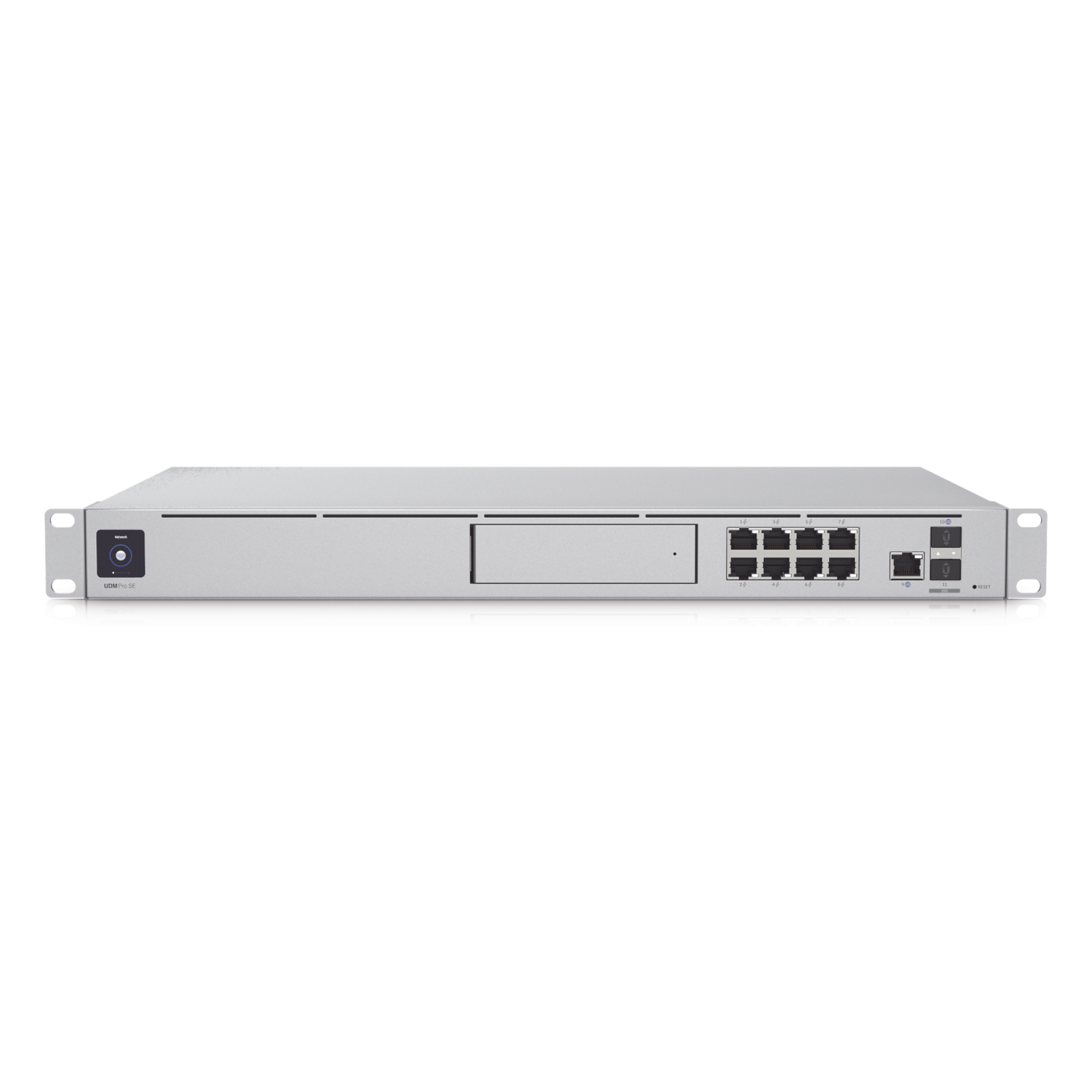 Gateway Cloud 10G / Rack 1U / Dual WAN 10G SFP+ y 2.5G RJ45 / Switch PoE 8 Puertos / PoE+ 180W / IDS/IPS 3.5 Gbps / SSD 128 GB / Pantalla Táctil 1.3' — UBIQUITI · SKU UDM-SE