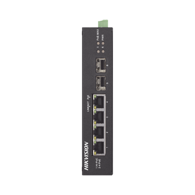 Switch Industrial No Administrable Gigabit / 3 Puertos Gigabit PoE+ (30 W) + 1 Puerto Gigabit PoE++ (60 W) / 2 Puertos SFP / 65 W Total / 48 a 57 VCD / Ideal para Proyectos / 300 Metros de Distancia — HIKVISION · SKU DS-3T0506HP-E/HS
