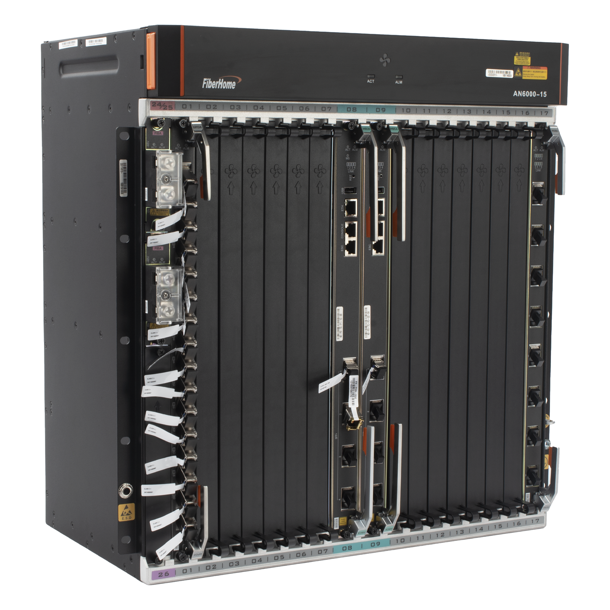 OLT Carrier Class Modular GPON, 14 Ranuras de Servicio, Incluye 1 Tarjeta de Servicio, Doble fuente -48Vcc, 11 UR, Gestión por UNM2000, CLI, Incluye Instalación de software UNM2000, (Interoperabilidad con ONUs de Terceros sin Costo) — FIBERHOME · SKU AN6000-15
