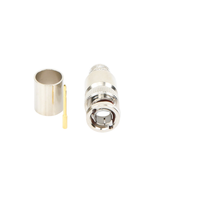 Conector BNC Macho de 75 Ohm, Anillo Plegable, para Cable 8238, RG-11/U, Níquel/ Oro/ Teflón.