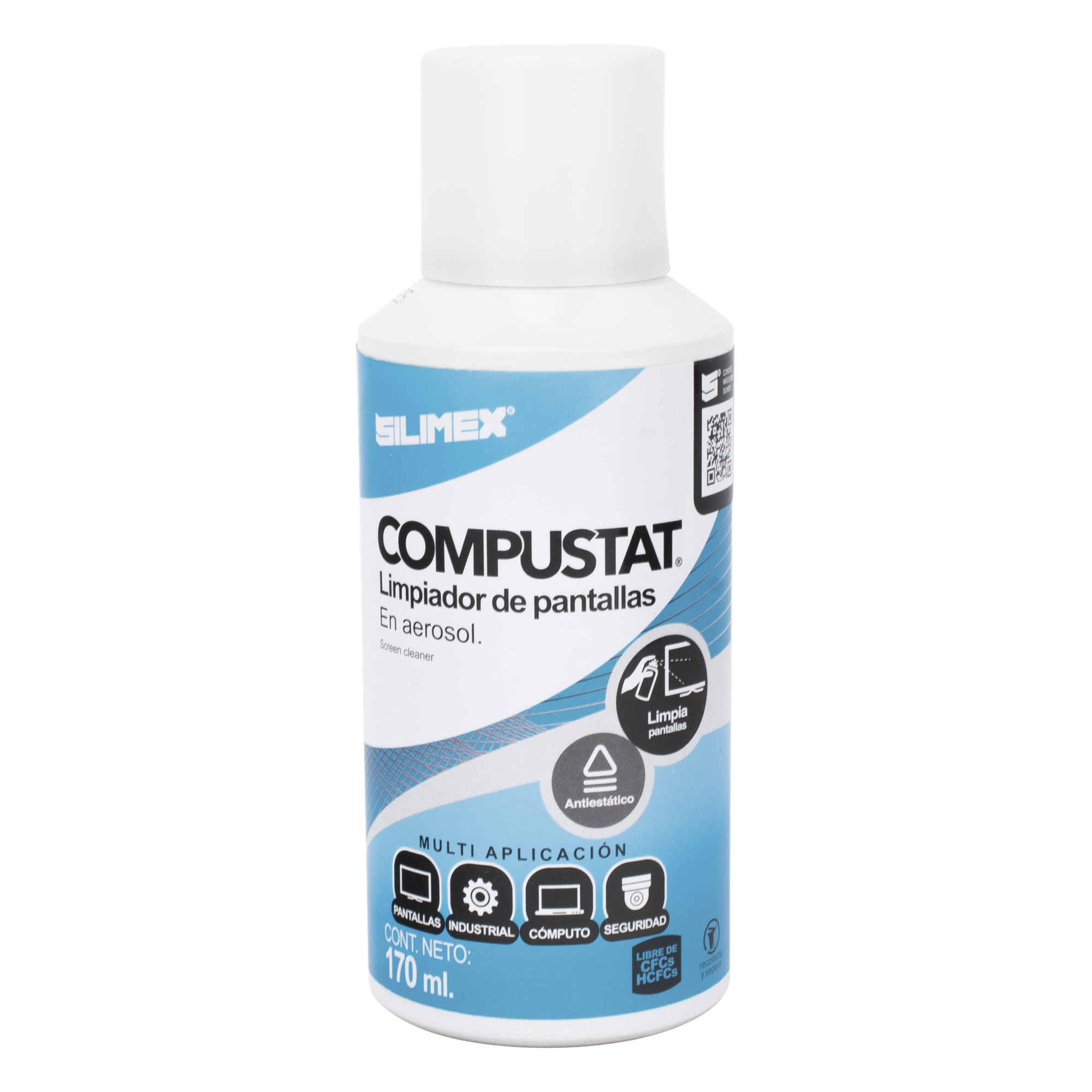 Limpiador de Pantallas y Cámaras, Protector Anti-Estático en Aerosol, con Protección Contra Rayos UV, Repelente de Polvo, 170 ml — SILIMEX · SKU COMPUSTAT