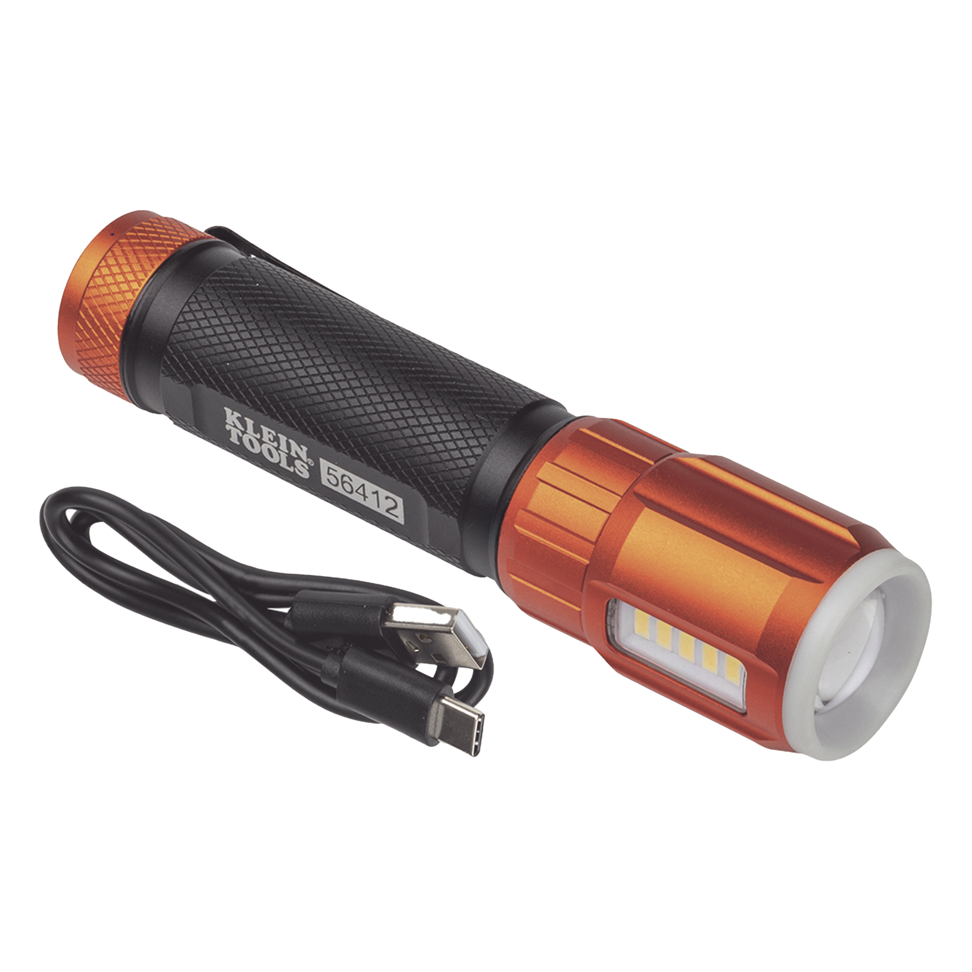 Linterna LED Portátil Recargable 500 Lúmenes con Luz Frontal y Lateral de Trabajo. Lámpara con tapa de Extremo con Imán, USB-C — KLEIN TOOLS · SKU 56412