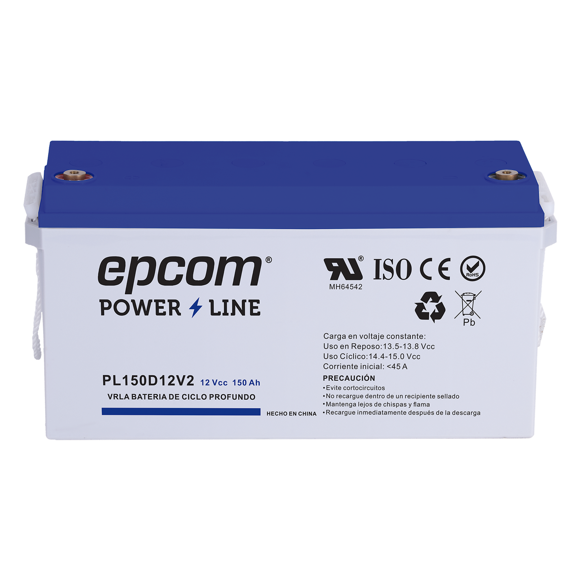 Batería de respaldo 12 V 150 Ah AGM | Certificada UL94-HB Retardo a la flama básica | Ciclo profundo | Para uso en aplicaciones fotovoltaicas y de emergencia | Terminales T5 — EPCOM POWERLINE · SKU PL150D12V2