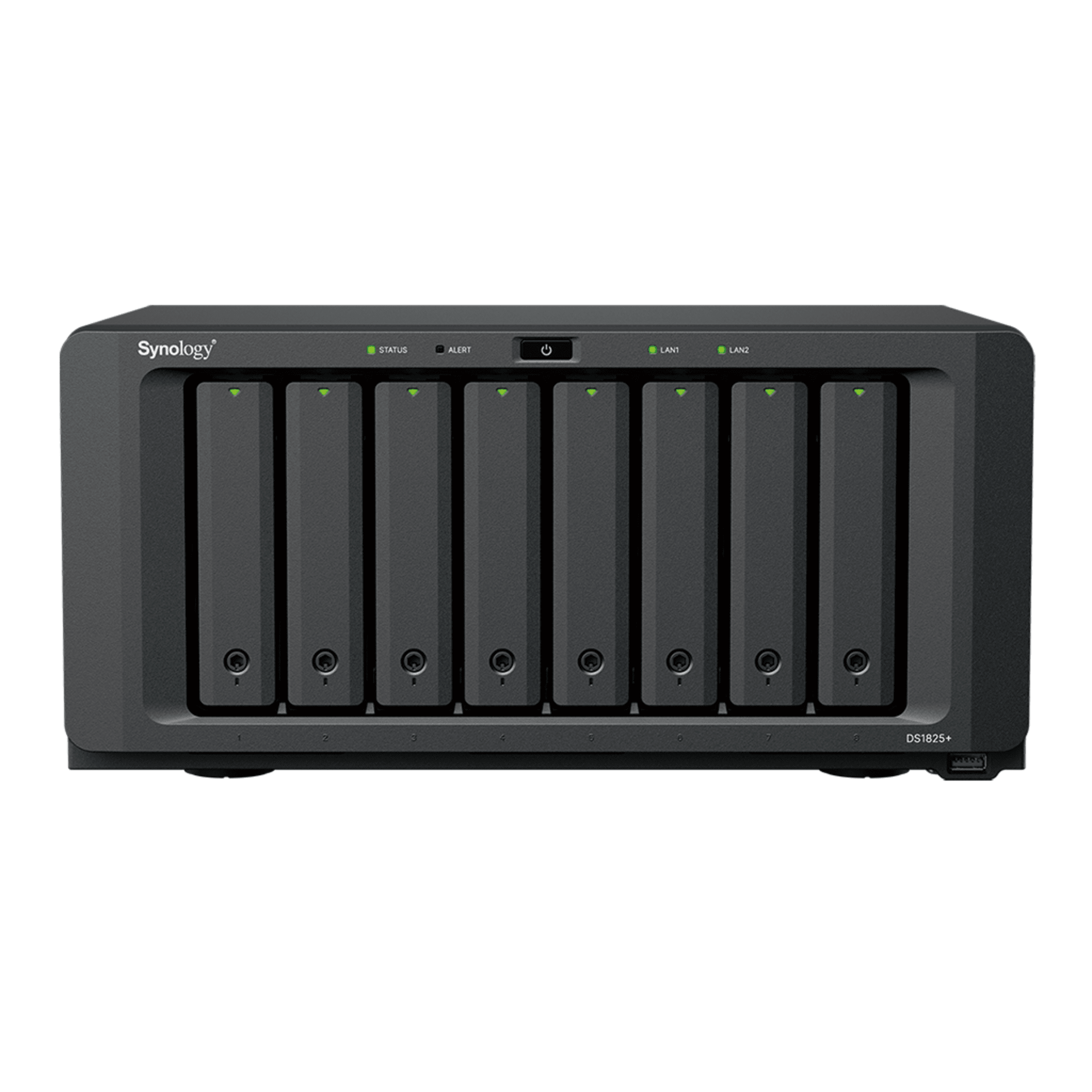 NAS DiskStation DS1825+ | 8 Bahías | AMD Ryzen V1500B | 8 GB DDR4 ECC | Hasta 2,239 MB/s Lectura | 2 Puertos 2.5GbE | Expansión PCIe 3.0 | Compatible con 10GbE y 25GbE | Caché SSD M.2 | Synology DSM.