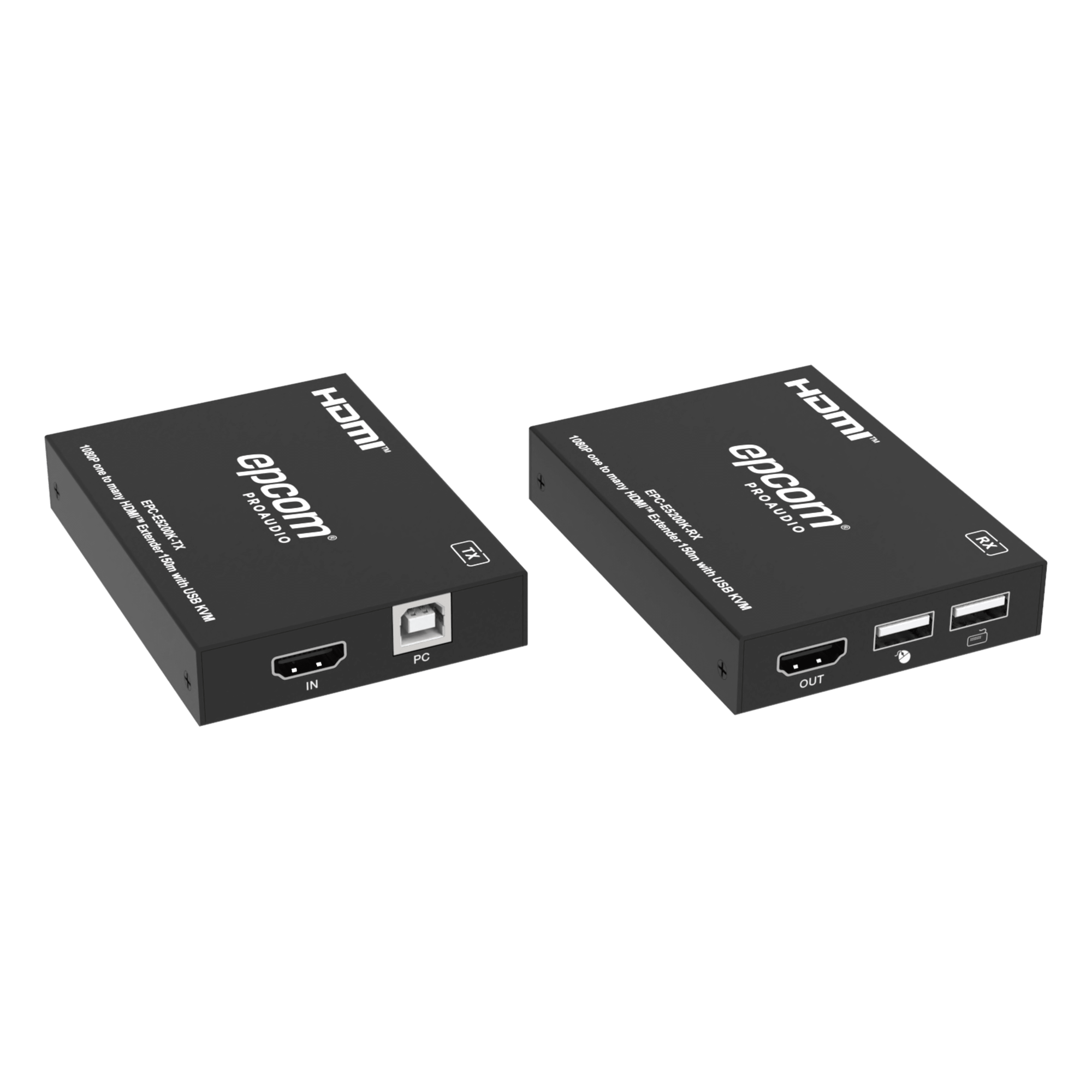 Extensor HDMI con KVM | Sobre IP | Transmisión hasta 150m | Cat5e/6 | HDCP 1.4 | 1080p | Control IR | Compatible con Switch 1G — EPCOM PROAUDIO · SKU EPC-E5200K