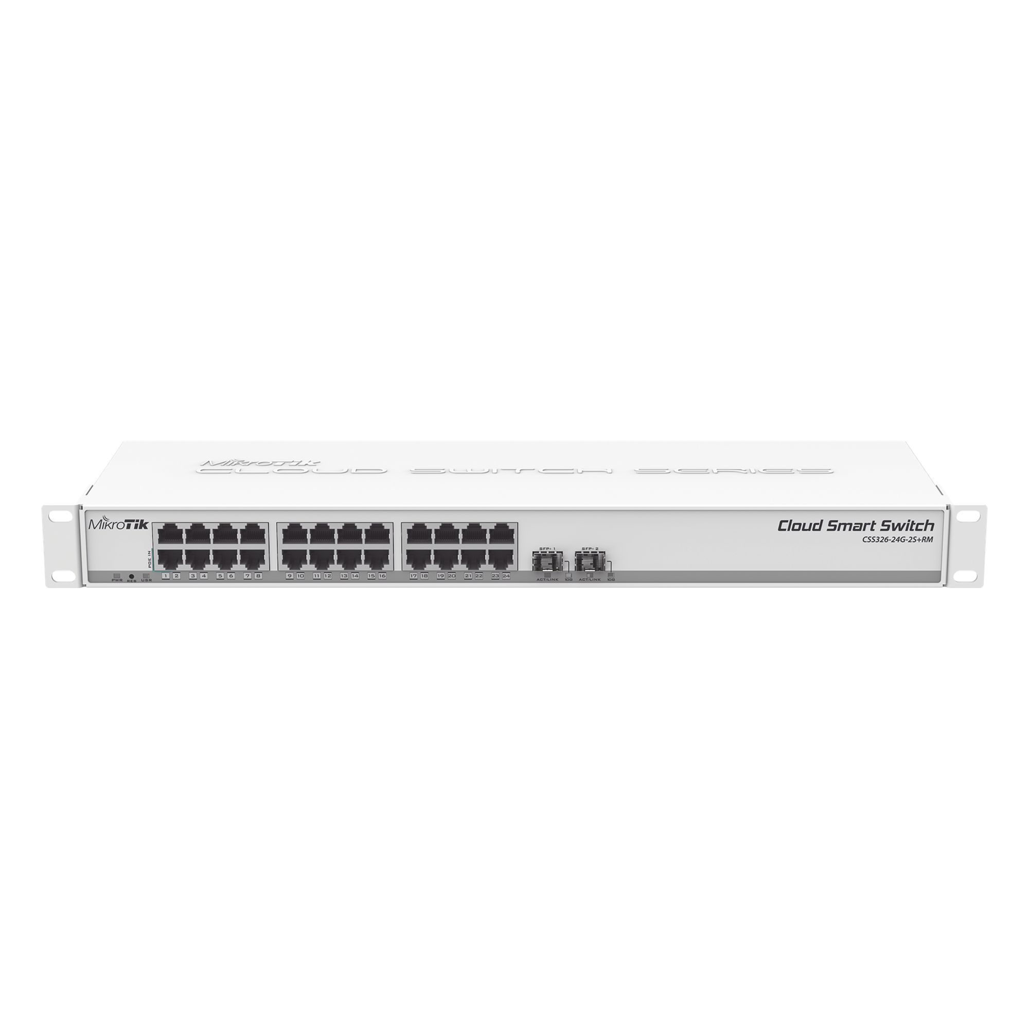 Cloud Smart Switch, 24 puertos Gigabit, 2 puertos SFP+ SwitchOS — MIKROTIK · SKU CSS326-24G-2S+RM