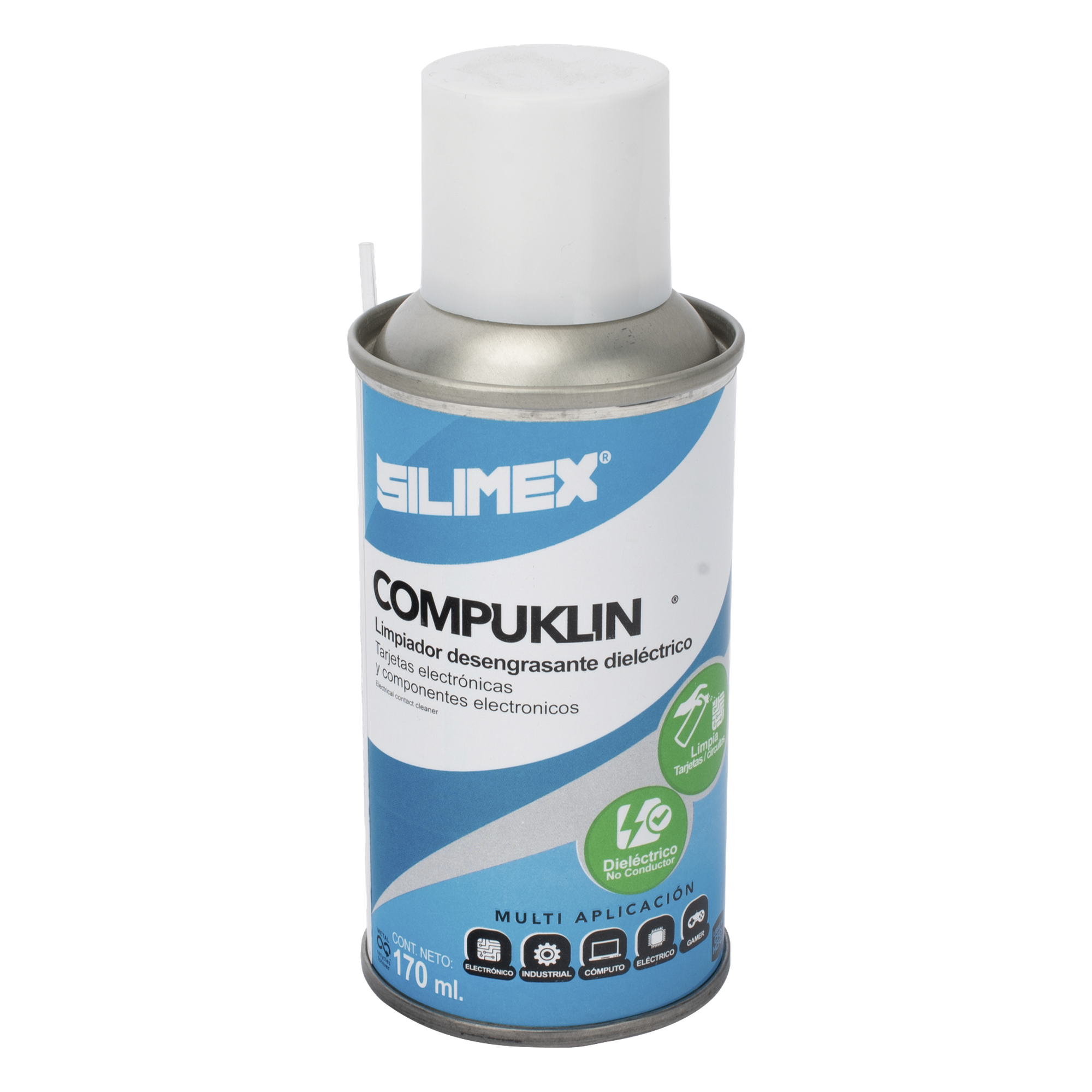Limpiador desengrasante en aerosol dielectrico, para tarjetas electrónicas y circuitos, bote 170 ml. — SILIMEX · SKU COMPUKLIN-170