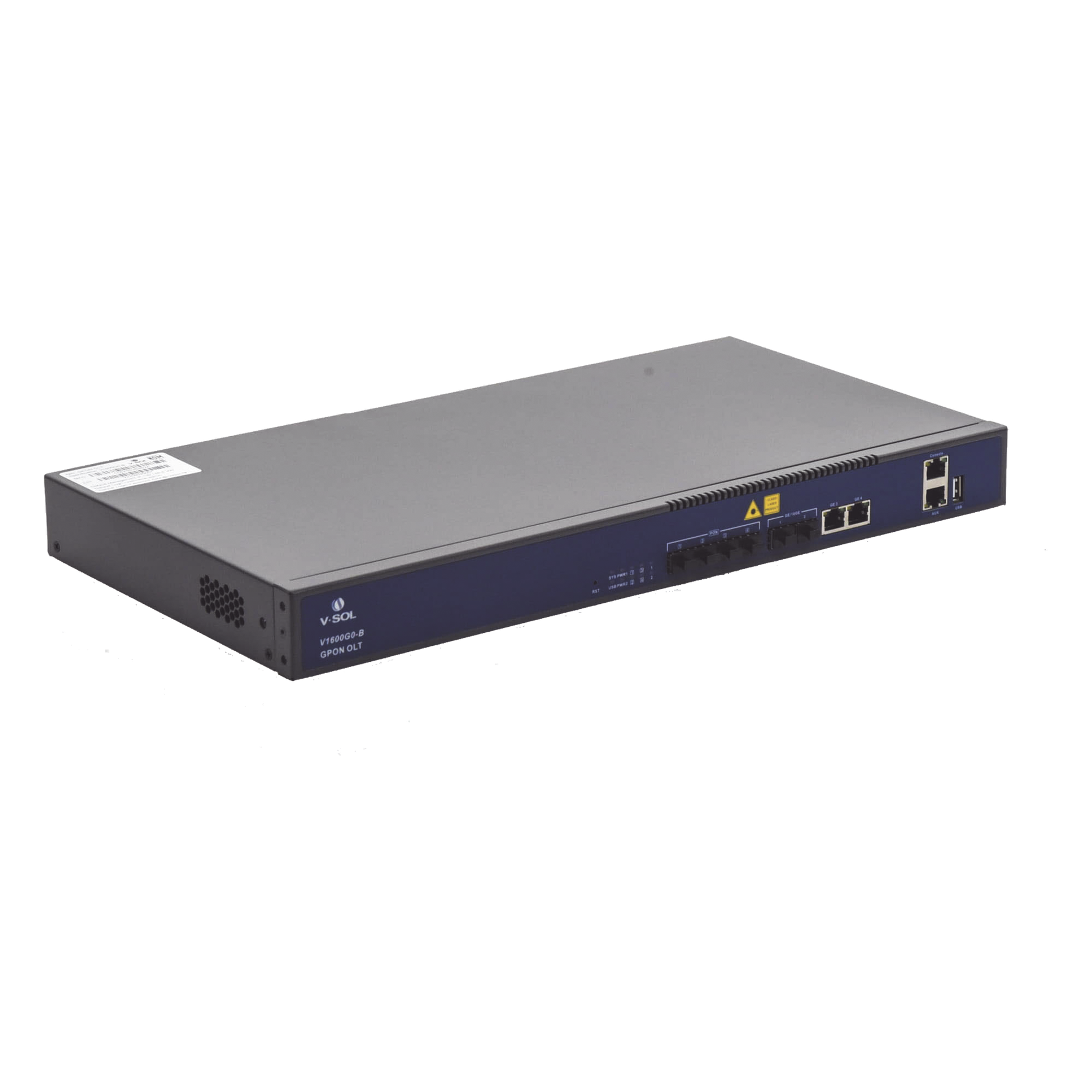 OLT de 4 puertos GPON con 4 puertos Uplink (2 puertos Gigabit Ethernet + 2 Puertos SFP+) , hasta 512 ONUS, — V-SOL · SKU V1600G-0B