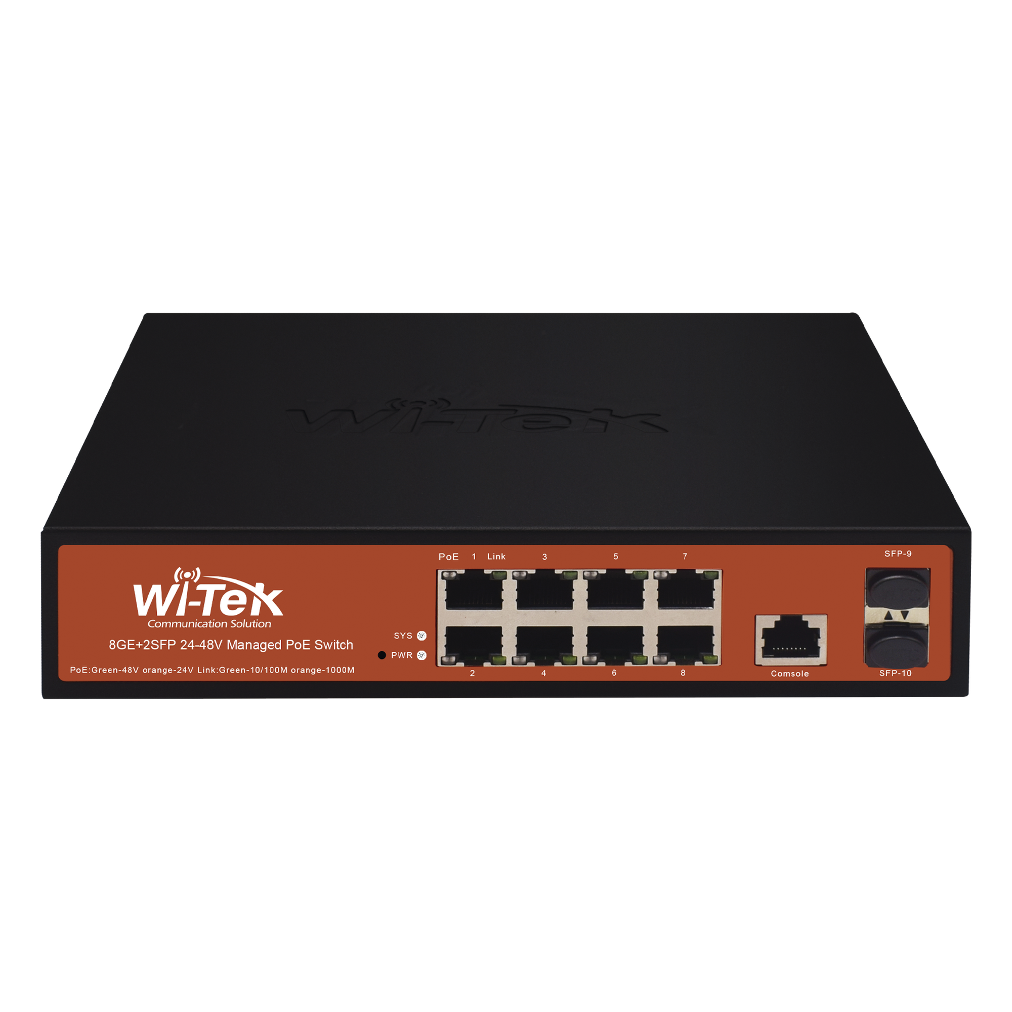 Switch Administrable de 8 puertos Gigabit Ethernet con PoE 802.3 af/at y 24V Pasivo + 2 SFP Gigabit, 150 W — WI-TEK · SKU WI-PMS310GF-ALIEN