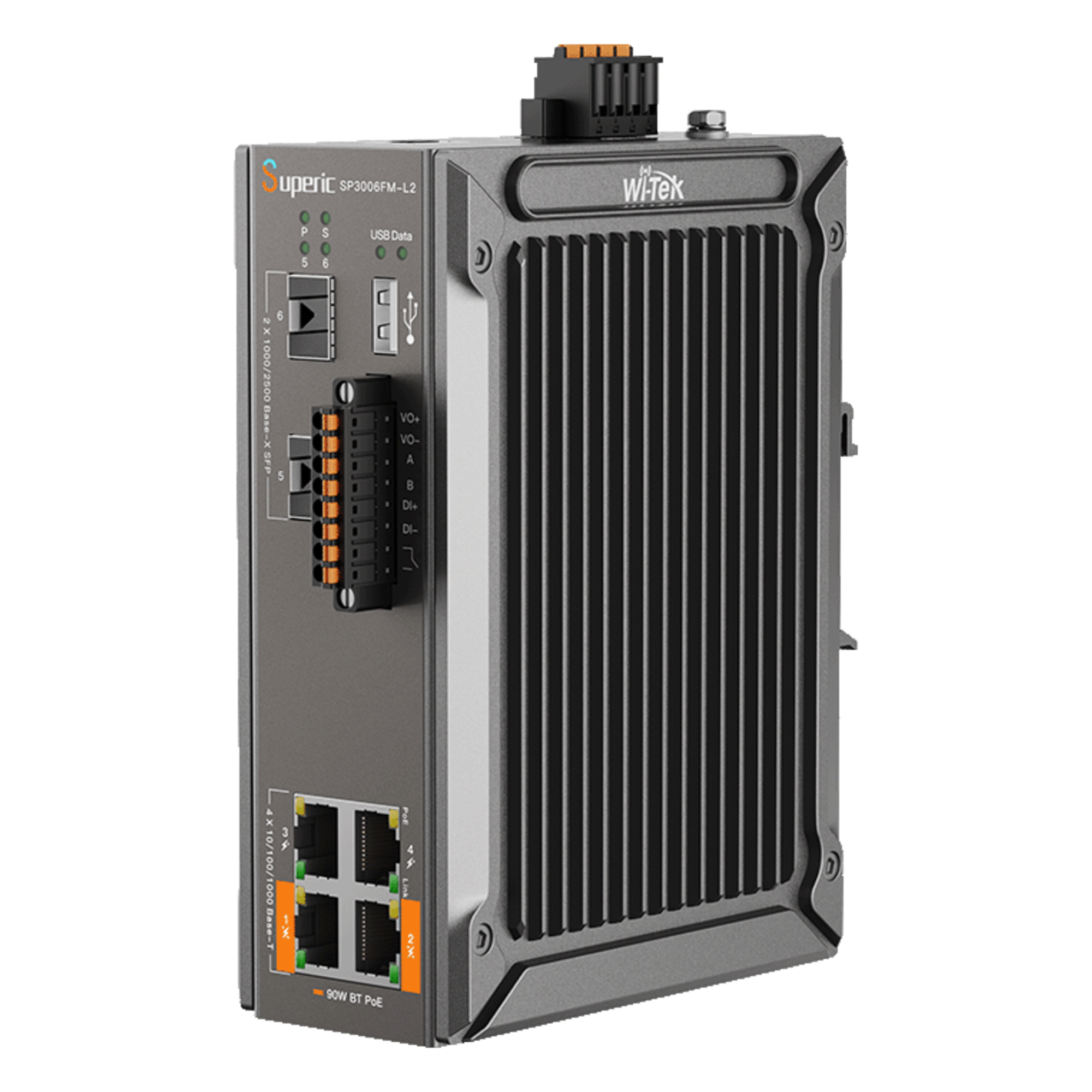 Switch Industrial Administrable / Gigabit con 2 Puertos PoE bt / 2 Puertos PoE af/at / 2 SFP 2.5Gbps / Soporta RS485 / Presupuesto PoE 120W — WI-TEK · SKU SP3006FM-L2