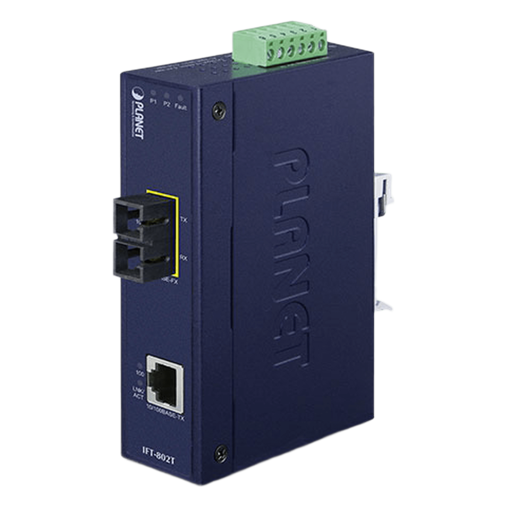 Convertidor de Medios Industrial, Multimodo, Puertos 10/100 Base-TX a 100 Base-FX, Interfaz SC, Hasta 2 km, Carcasa IP30, Soporta Temperatura de -40 a 75°C. — PLANET · SKU IFT-802T