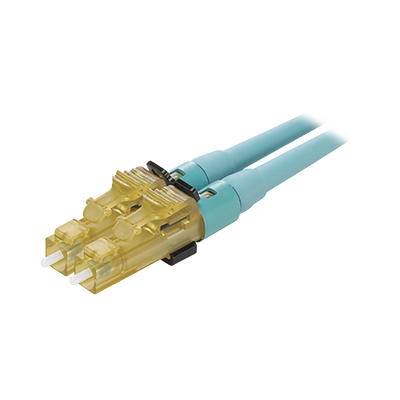 Conector de Fibra Óptica LC Duplex OptiCam, Multimodo 50/125 OM3/OM4, Pre-pulido, Color Aqua