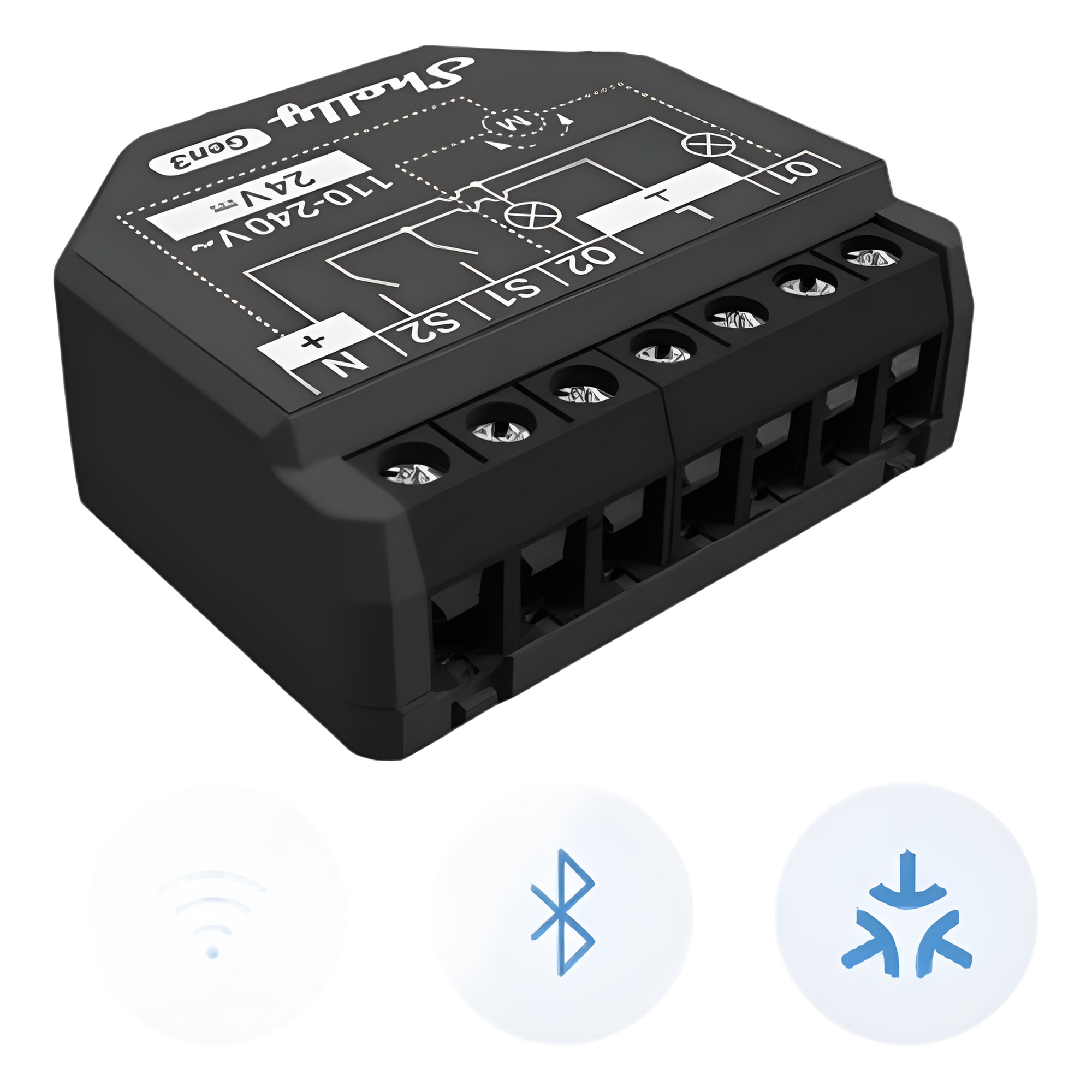 Apagador inteligente Wifi 2.4 / 2 canales Para apagador doble / 10A por canal / Compatible con asistentes de voz — SHELLY · SKU SHELLY2PMGEN3