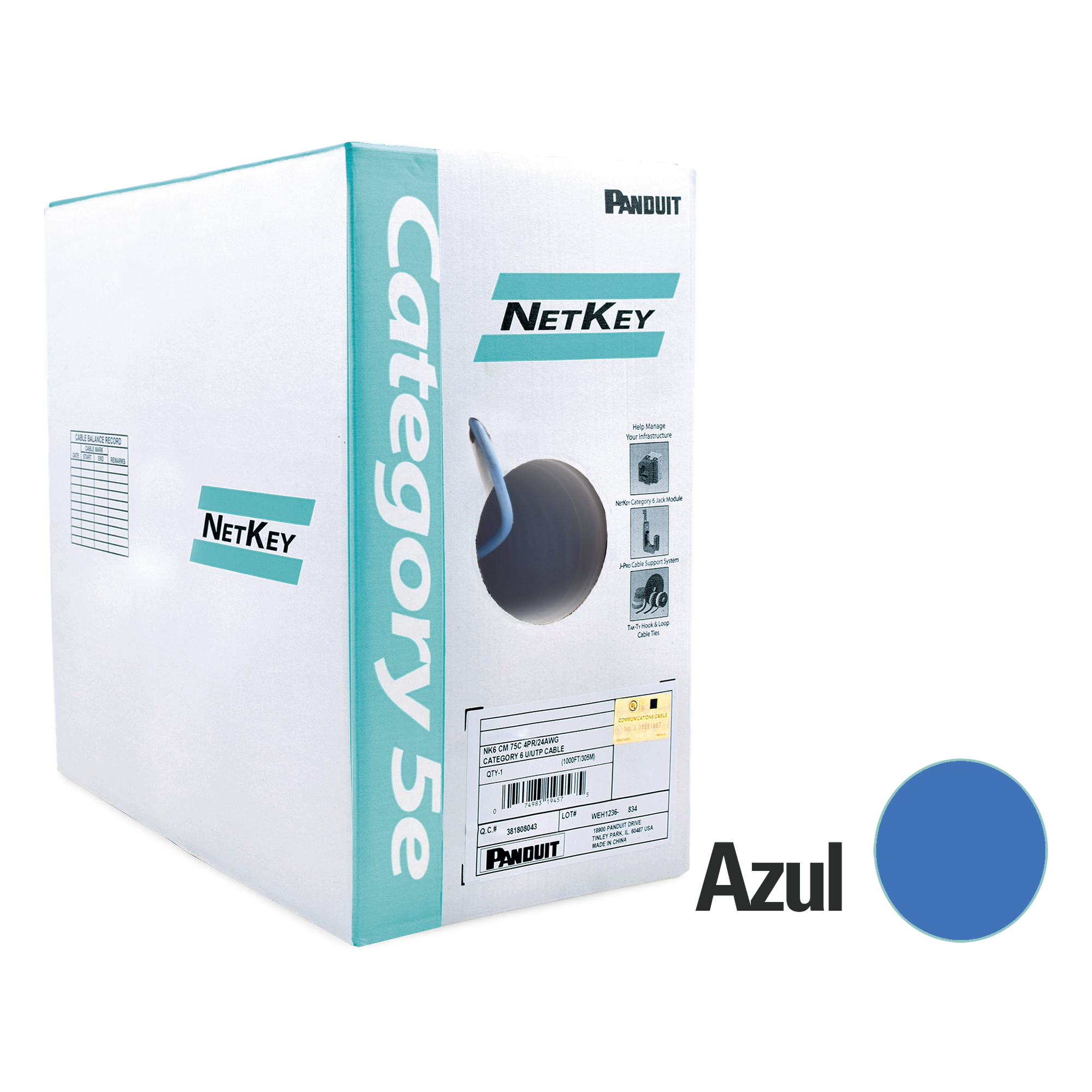 Bobina de Cable UTP 305 Metros (1000 Pies) de Cobre, NetKey, Azul, Categoría 5e (24 AWG), PVC (CM), de 4 Pares — PANDUIT · SKU NUC5C04BU-CE