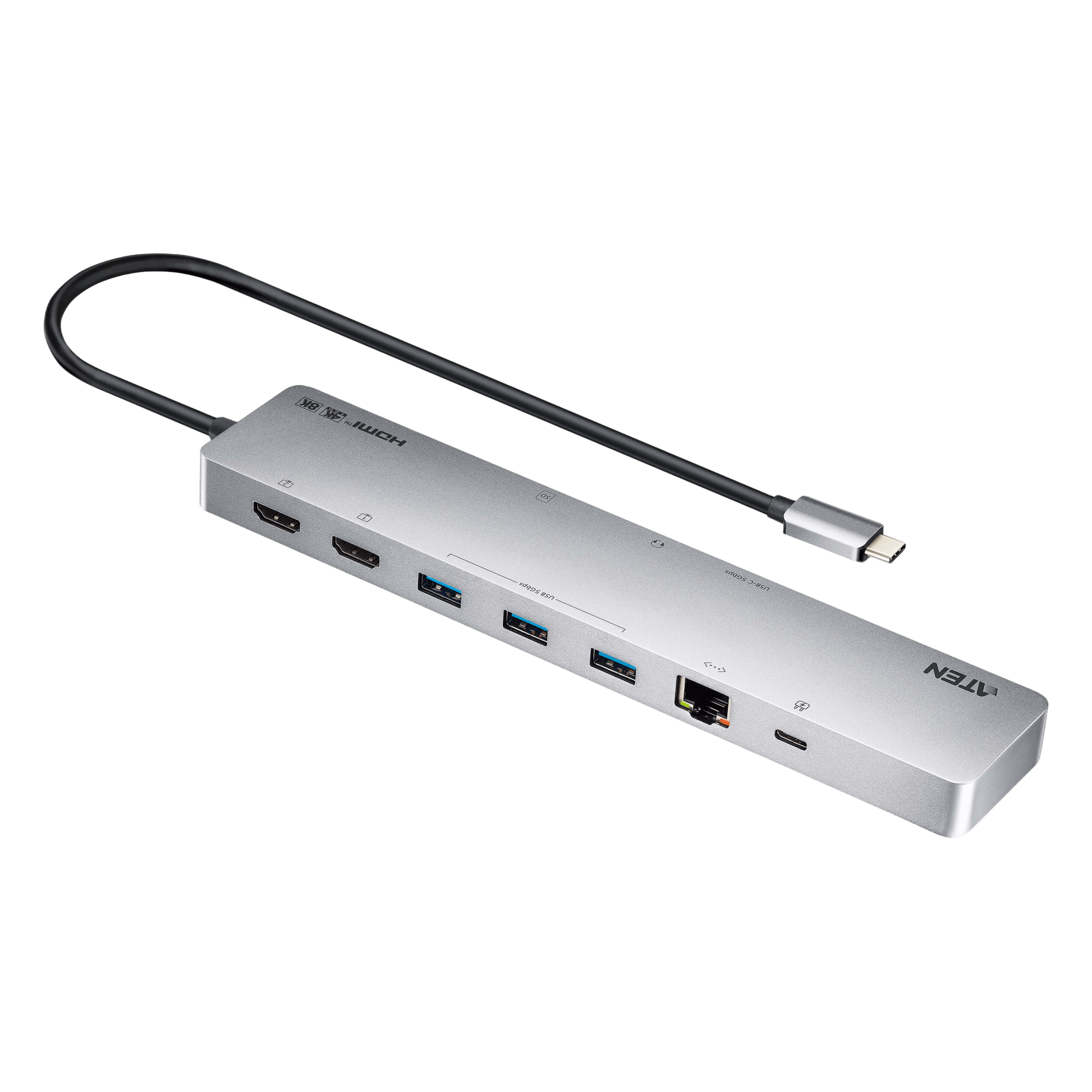 Dock Multipuerto USB-C | 11 en 1 | 8K Single o Dual 4K | PD 100W | USB 3.2 Gen 1 | Ethernet Gigabit | SD MicroSD | Aluminio — ATEN · SKU UH3240