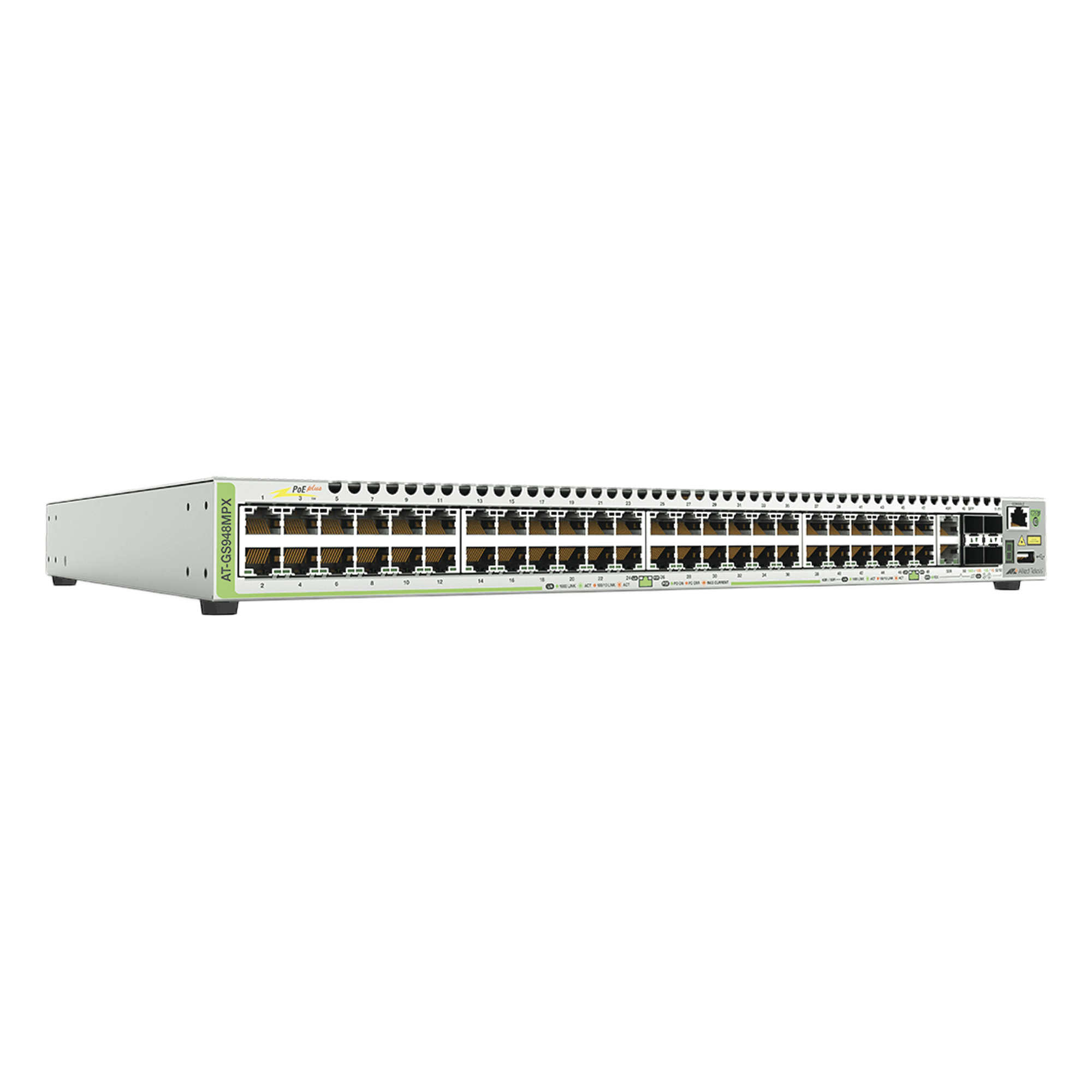 Switch PoE+ Stackeable Capa 3, 48 puertos 10/100/1000 Mbps + 2 puertos SFP Combo + 2 puertos SFP+ 10 G Stacking, 370 W — ALLIED TELESIS · SKU AT-GS948MPX-10
