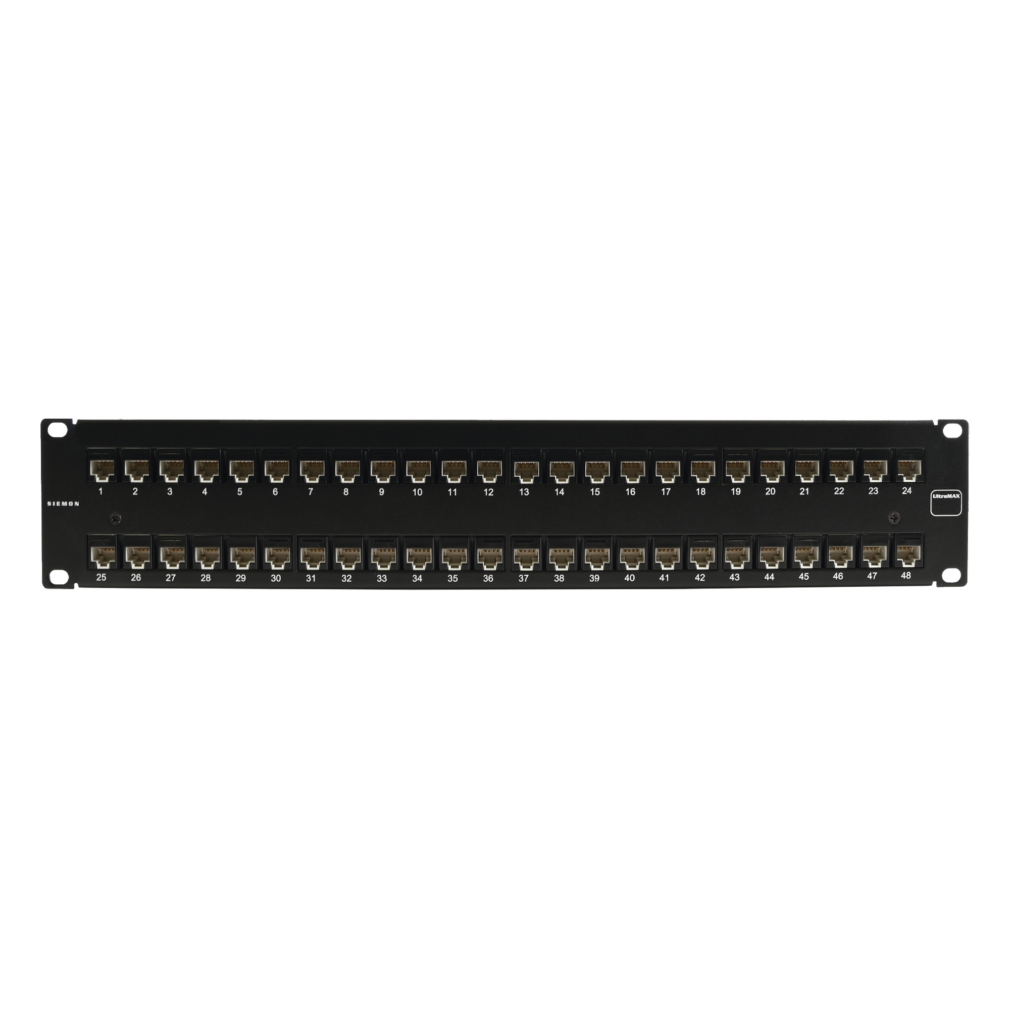 Patch Panel Ultramax. UTP, Precargado con Jacks Cat6, 48 Puertos, Plano, 2U — SIEMON · SKU UP6-F2-48L-RS