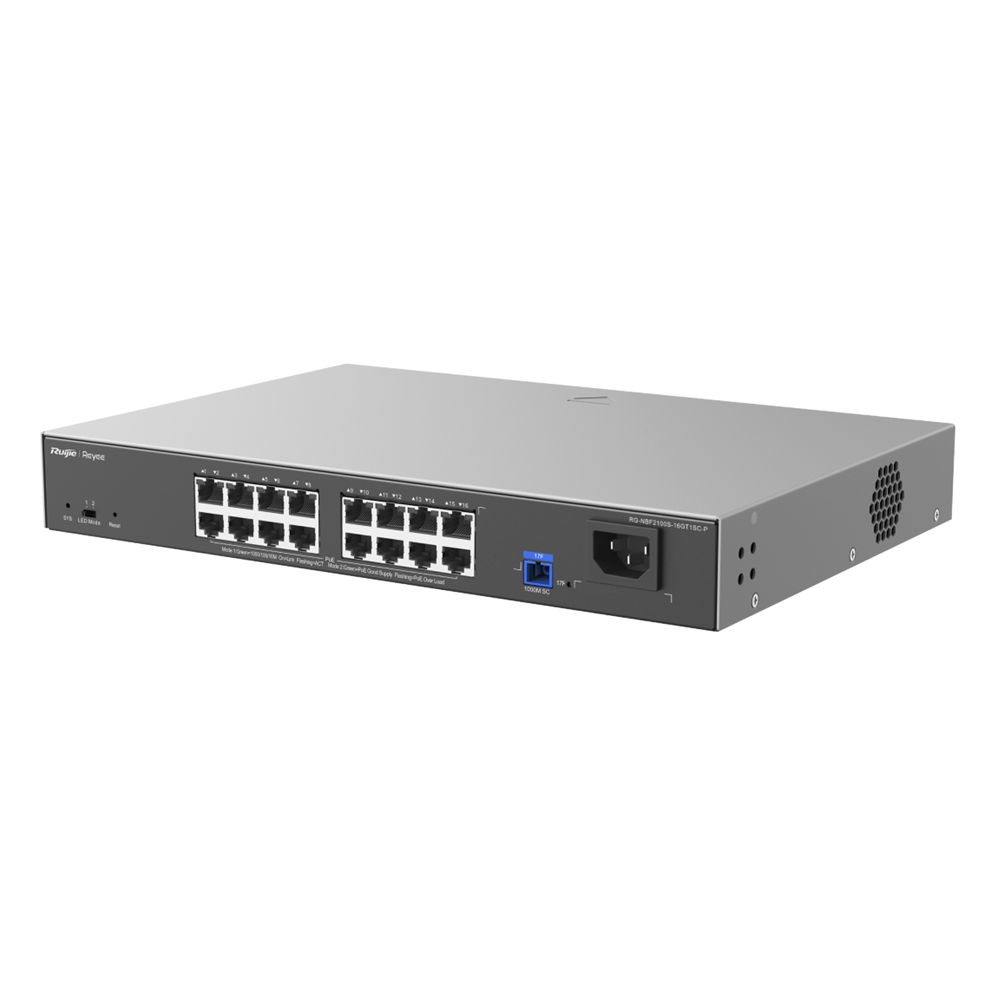 e-Lighten ONU / Switch PoE+ Hibrido, Capa 2 con un Puerto PON 1G SC/UPC y 16 Puertos Ethernet PoE+ 1G hasta 240 Watts y 100 Clientes — RUIJIE · SKU RG-NBF2100S-16GT1SC-P