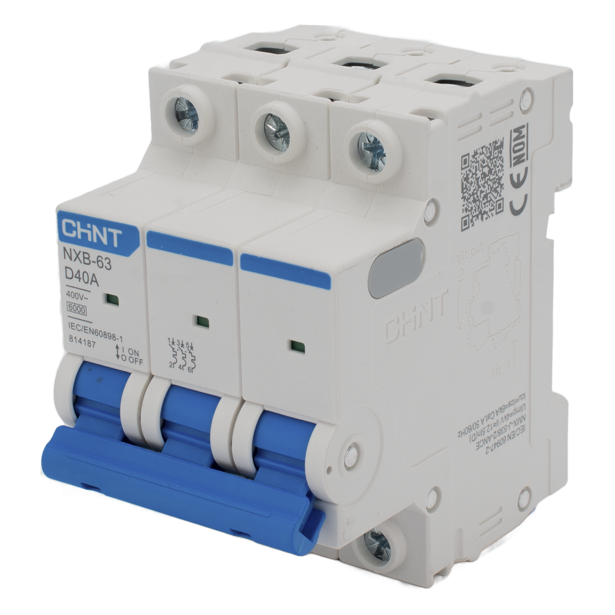 Pastilla para Riel Din, 3 Polos, 40 Amp, Vca:110/415v, 6kA, Catálogo: NXB633PD40. — CHINT · SKU NXB633PD40