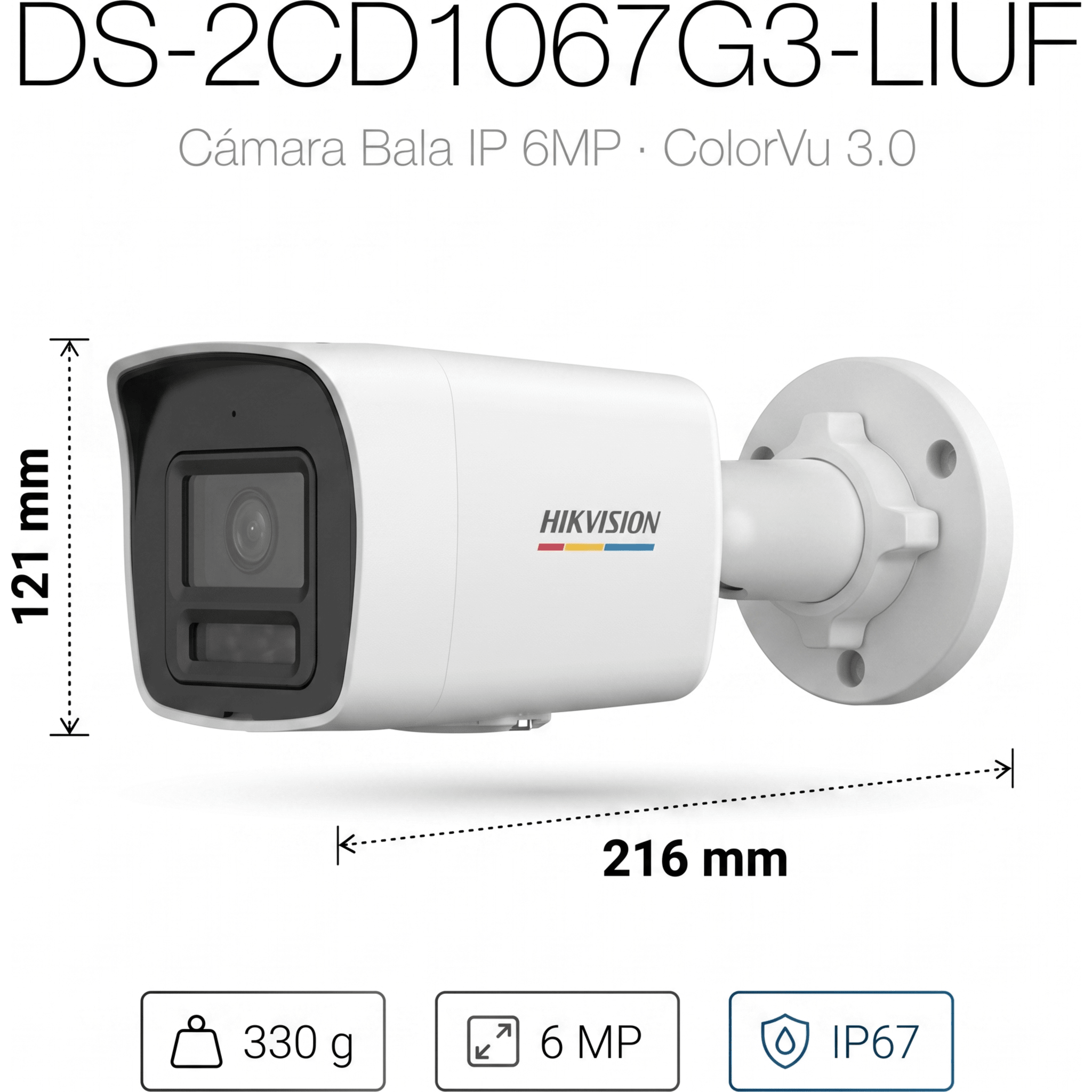 [ColorVu 3.0 + MD 3.0] Bala IP 6 Megapixel / Lente 2.8 mm / 30 mts IR + 30 mts Luz Blanca / Micrófono Integrado / Motion Detection 3.0 / Exterior IP67 / WDR 120 dB / PoE / Micro SD 
