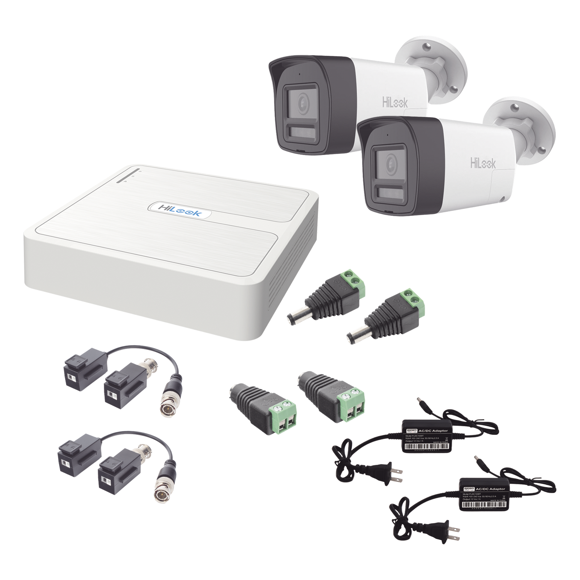 Kit HiLook Audio Bidireccional TurboHD 1080p / DVR 4 Canales / 2 Cámaras Bala (Exterior) con Bocina y Microfóno Integrado / 2 Fuentes de Poder / Accesorios — HiLook by HIKVISION · SKU HL-1080P-2B-TWA