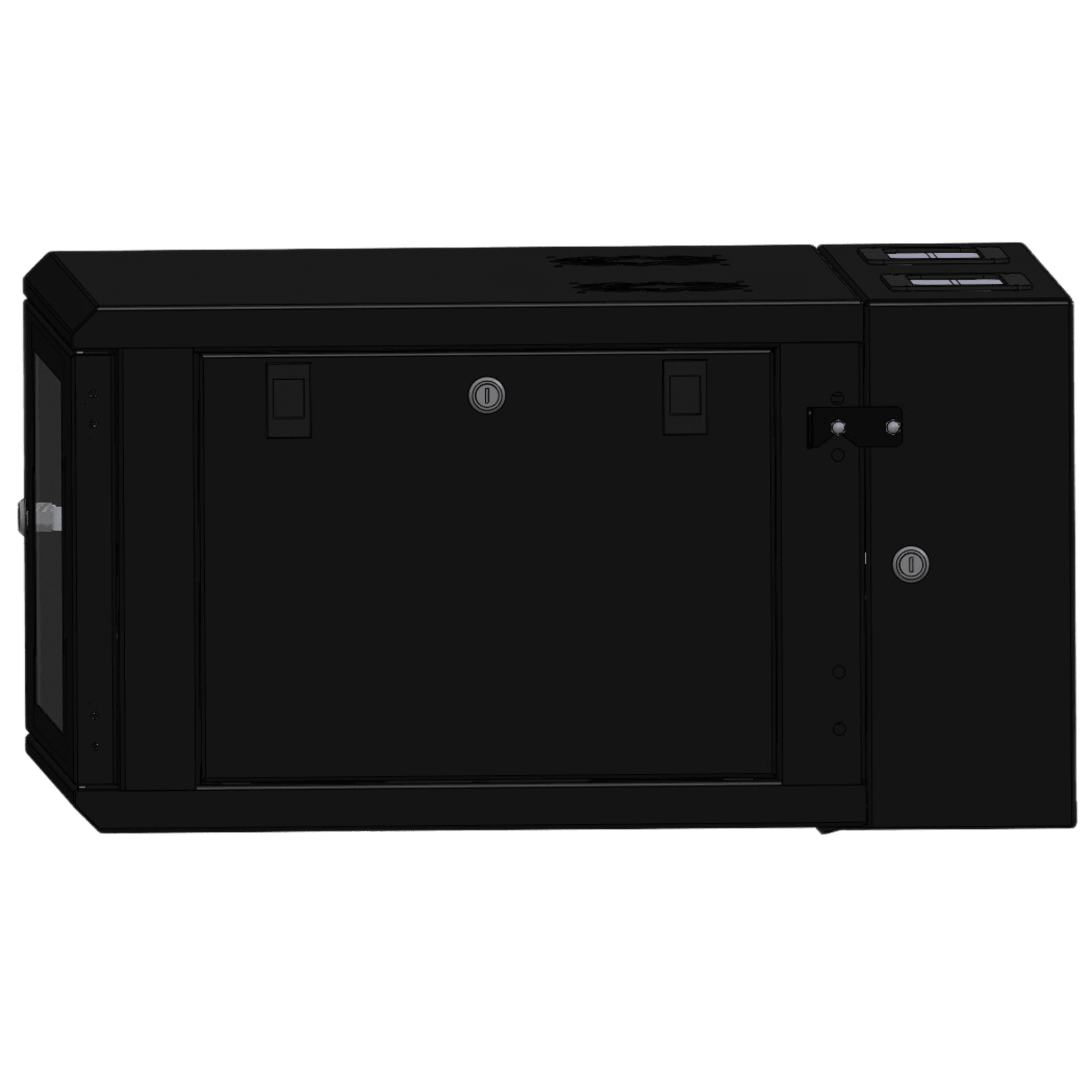 Gabinete Rackeable / 06 Unidades / Pared 19 Pulgadas / Puerta de Cristal / Pintura Electroestática Negro / Abatible 120° / Ventilación 120 mm