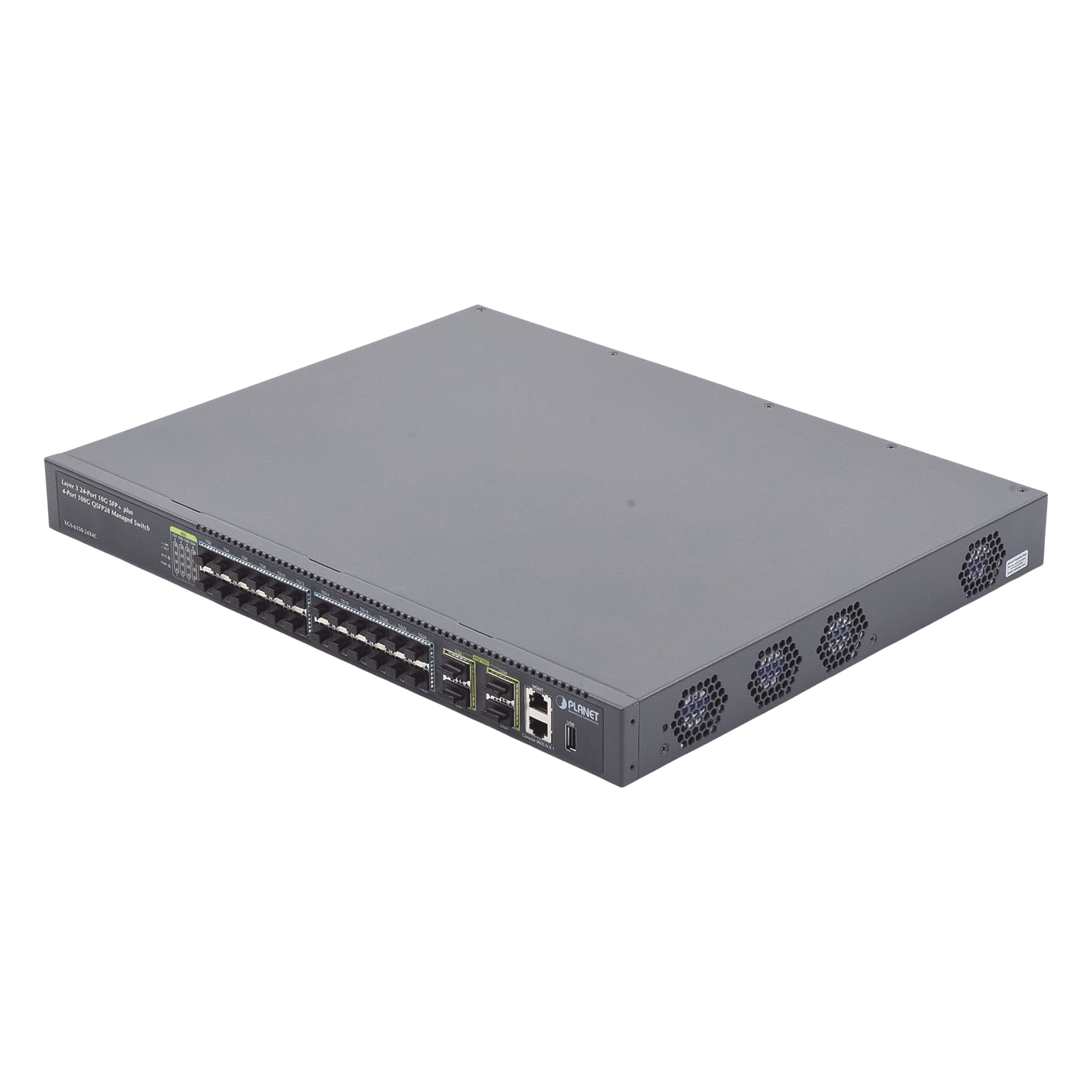 Switch Administrable Capa 3, 24 Puertos 10G SFP+, 4 Puertos de 40G/100G QSFP28 — PLANET · SKU XGS-6350-24X4C