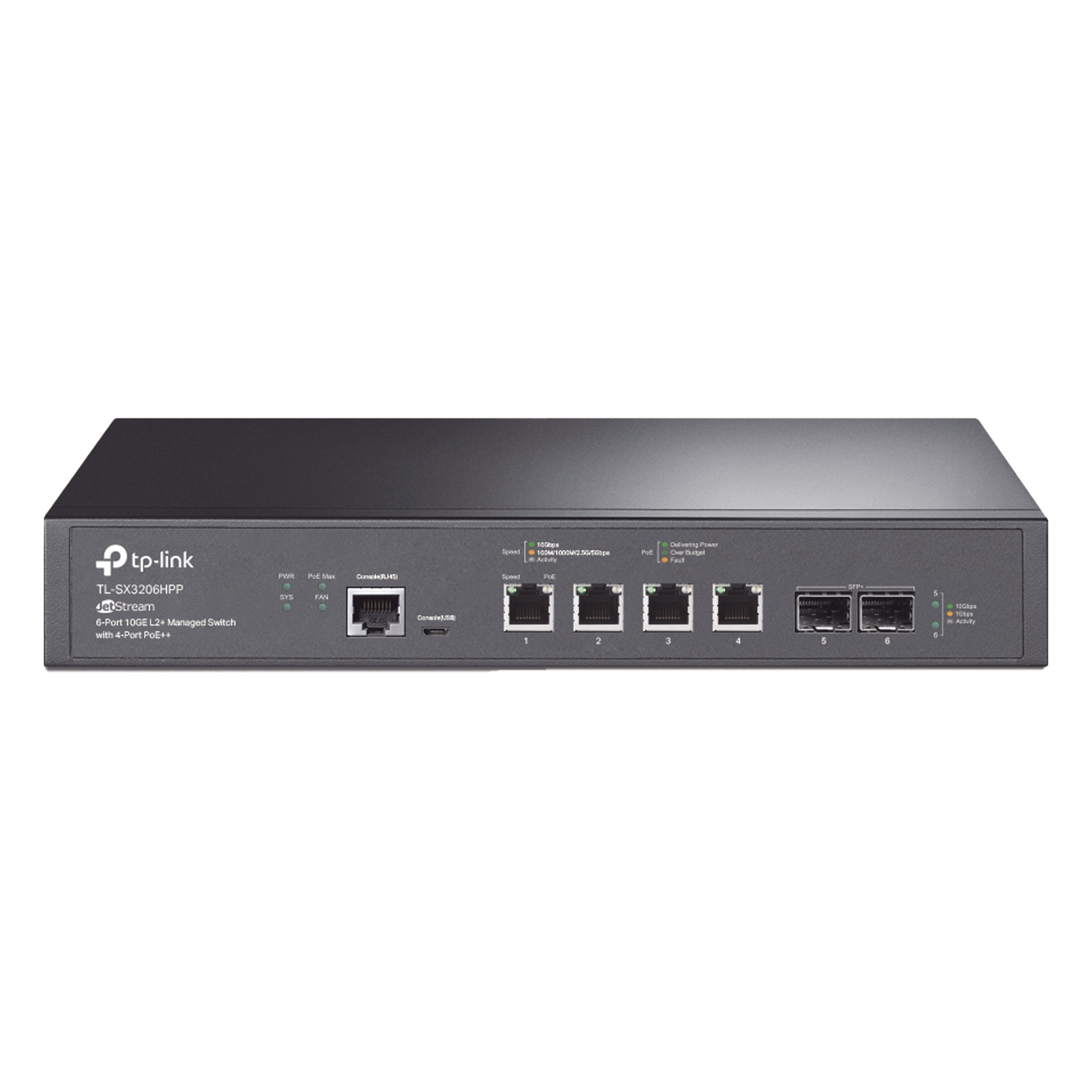 Switch L2+ PoE++ / 6 Puertos 10G / 4 Puertos Multi-Gigabit 1G/2.5G/5G/10G PoE++ / 2 Puertos SFP+ 10G / Presupuesto PoE 200W / Rendimiento 120 Gbps — TP-LINK · SKU TL-SX3206HPP