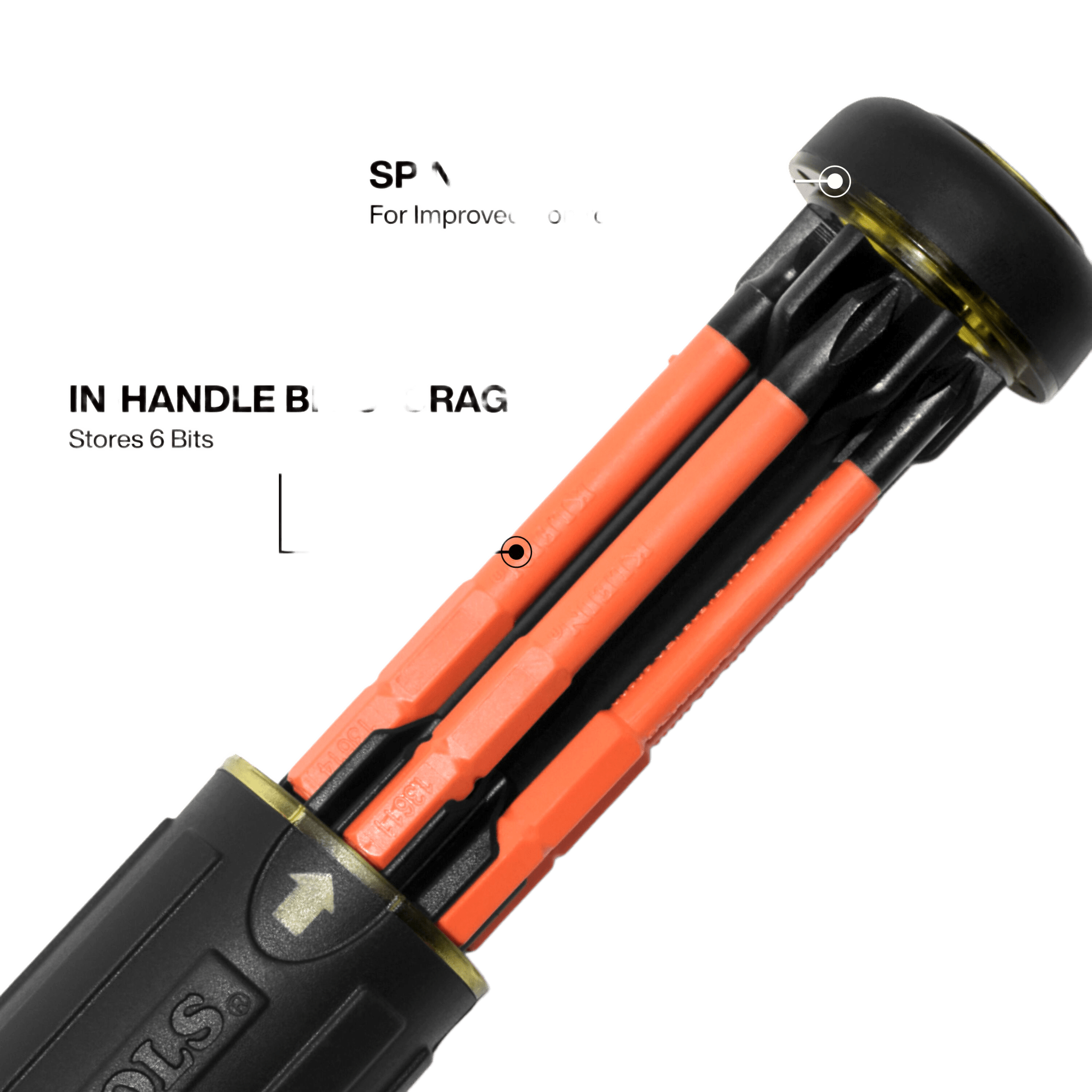 Destornillador Aislado 6-en-1 Auto-Lock / Aislado 1000V CAT III / Almohadilla de agarre / Almacenamiento de brocas integrado / Bits Philips #1 #2 / Slotted 3/16" 1/4" / Square #1 #2