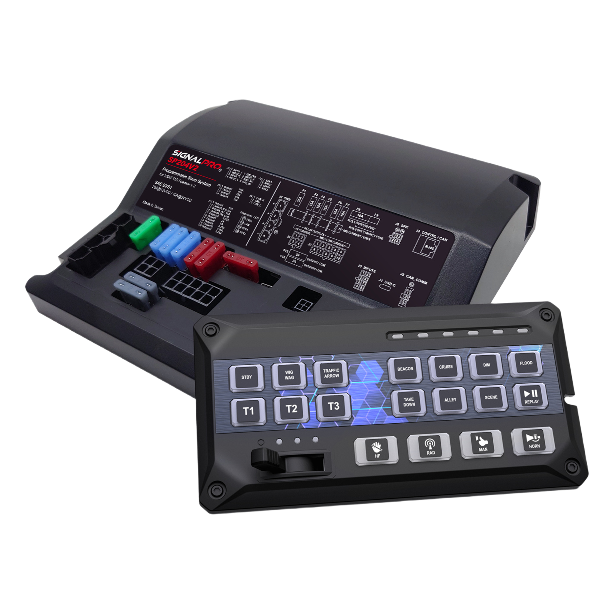 Sirena Vehicular de 200W de Potencia, Programable, Con Controlador de Panel Deslizante de 19 botones, indicador de flecha de tráfico de 6 LED, 12 Salidas Auxiliares — SIGNALPRO · SKU SP204RV2