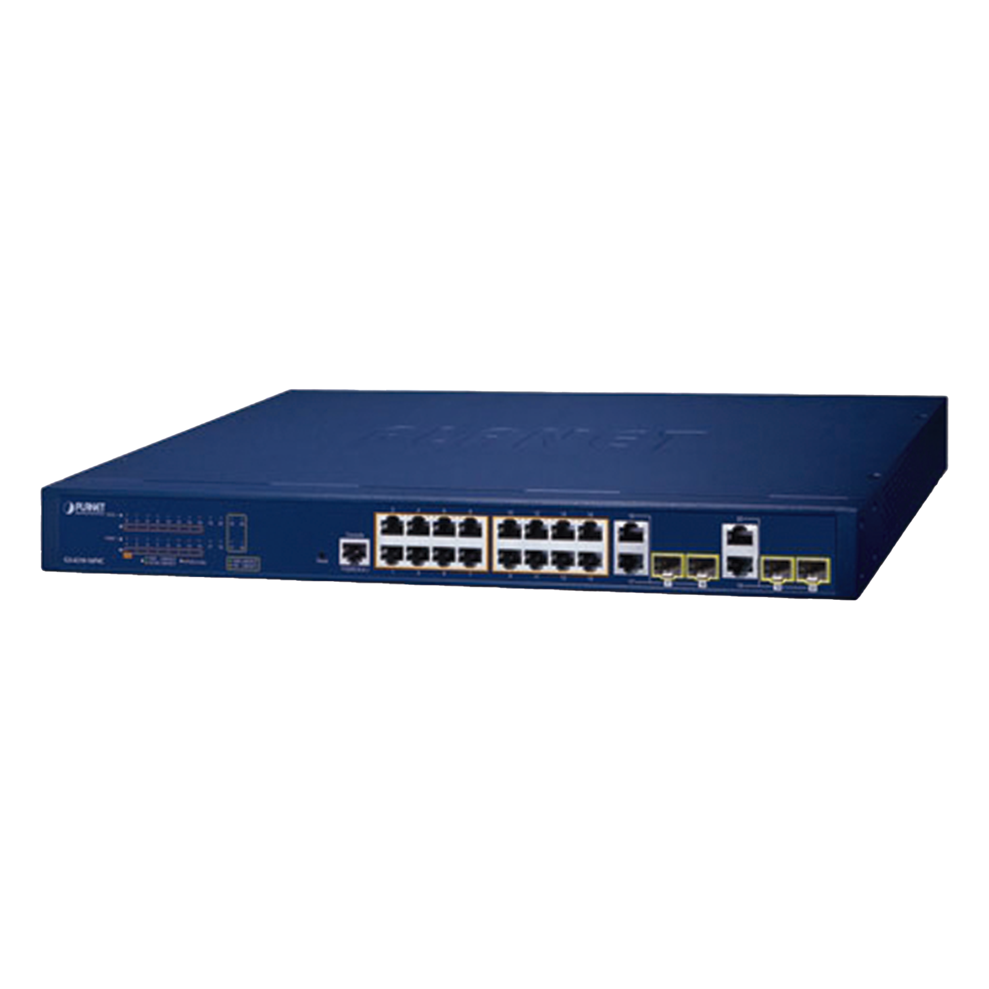 Switch Administrable PoE  Capa 2 de 16 Puertos 10/100/1000 Mbps 802.3af/at, 4 Puertos SFP Gigabit, Hasta 240 W  — PLANET · SKU GS-4210-16P4C