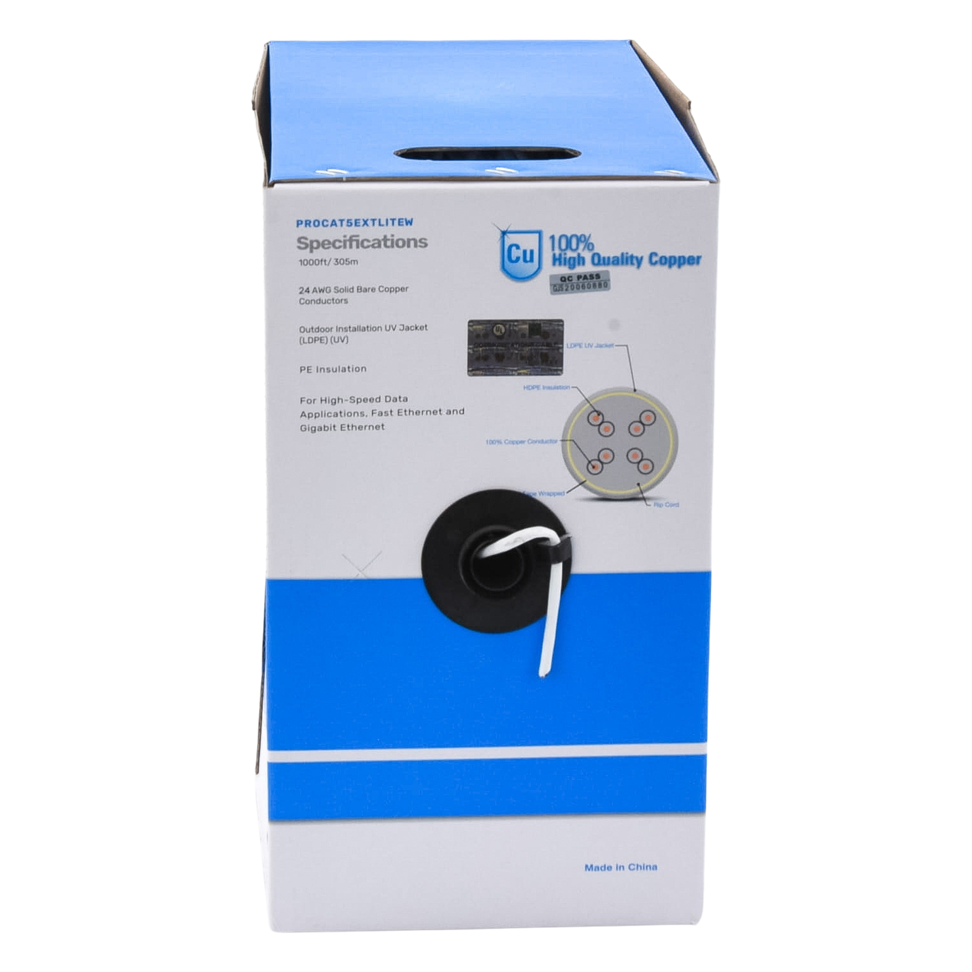 Bobina de Cable UTP Cat5e para Exterior en Color Blanco / 305 Metros (1000 Pies) / Certificada UL / Sin Blindaje