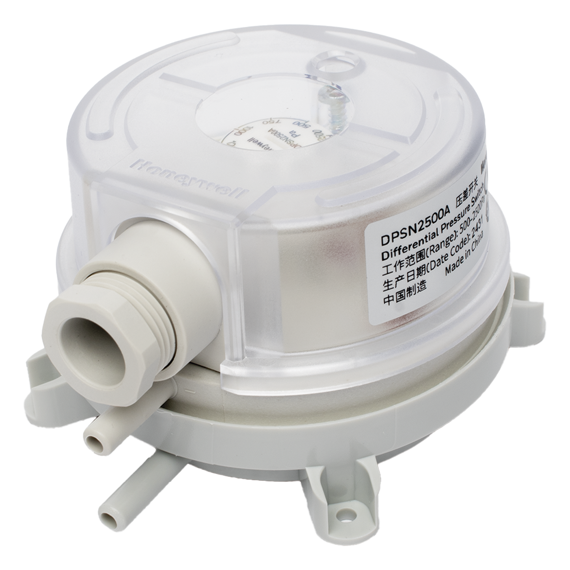 Presostato diferencial de aire para ductos con ajuste por perilla, rango 500 a 2500 Pa, contacto SPDT, para monitoreo de filtros y ventiladores — HONEYWELL BMS · SKU DPSN2500A