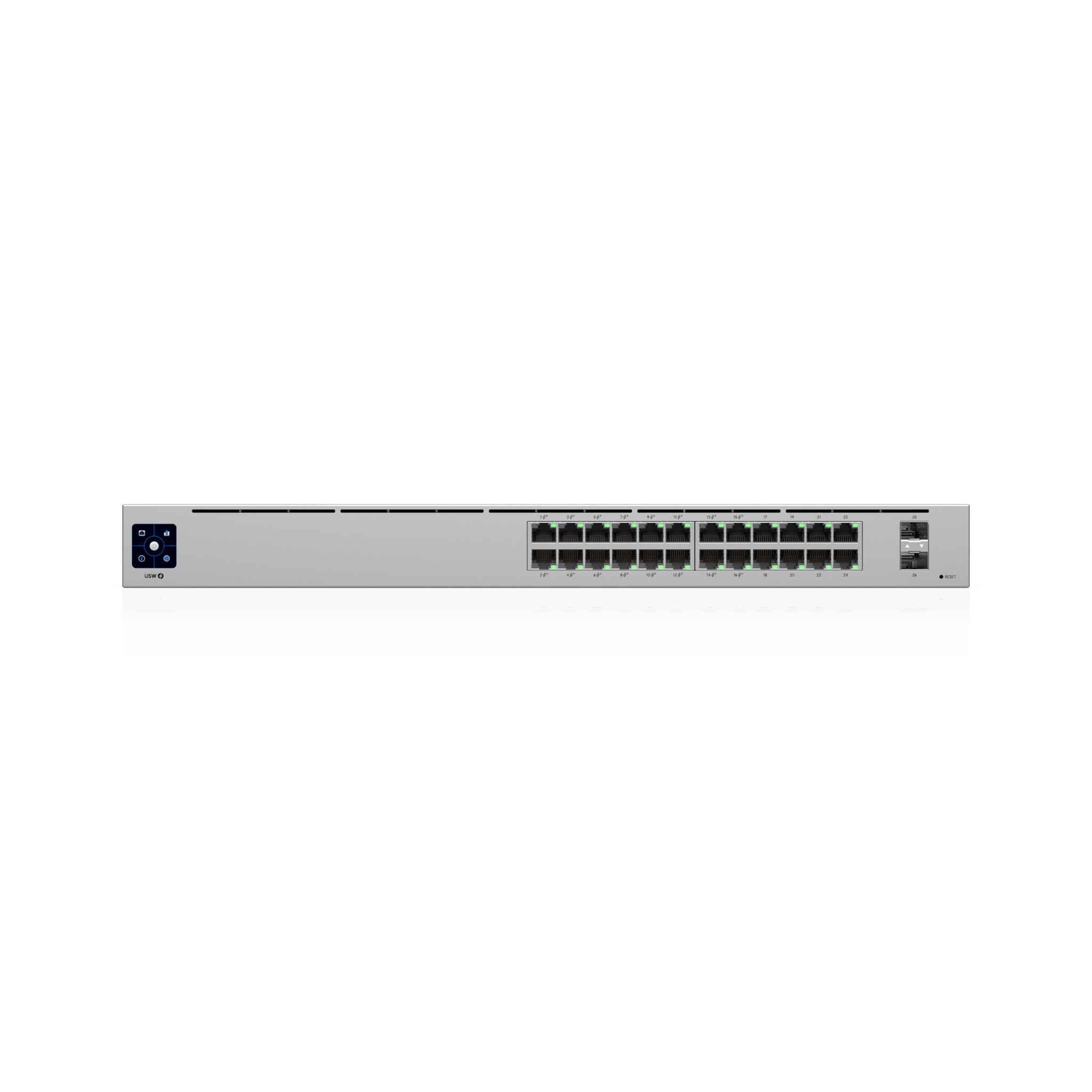 Switch UniFi Capa 2 / 24 Puertos Gigabit / 16 Puertos PoE+ 802.3af/at / 95W Total / 2 Puertos SFP 1G / Pantalla LCM / Sin Ventilador
