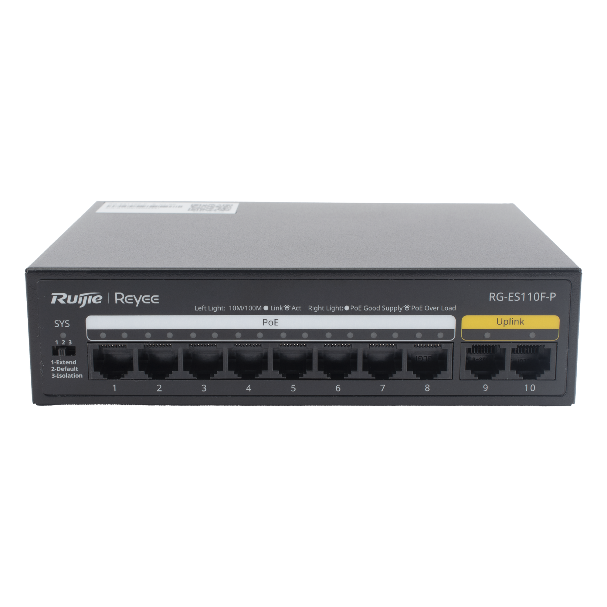 Switch PoE+ no administrable / 8 puertos PoE+ 10/100 / 2 uplinks 10/100 / 110W total / 2.0 Gbps switching — RUIJIE · SKU RG-ES110F-P