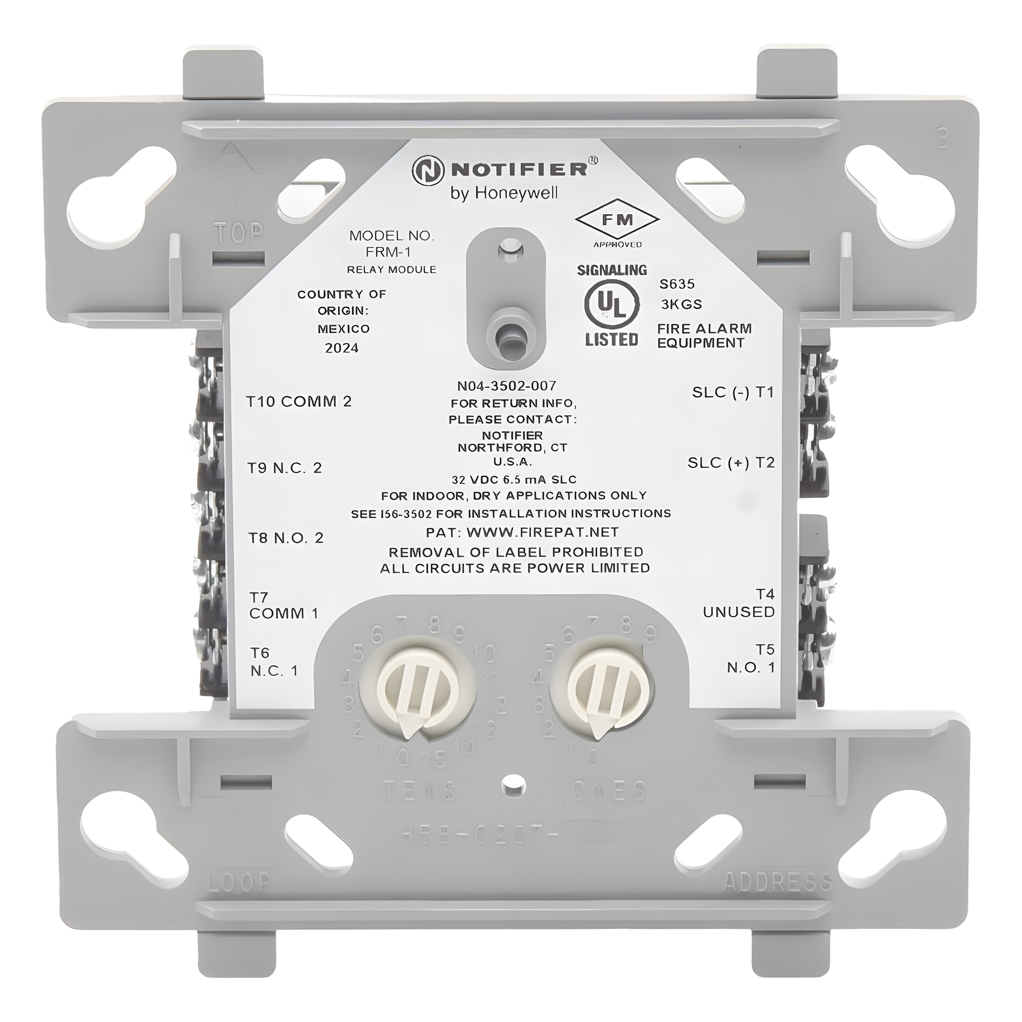 Módulo de Relevador Direccionable / 2 Contactos Secos Form-C / Protocolo FlashScan / Direccionamiento 01-159 / Alimentado por Lazo SLC — NOTIFIER · SKU FRM-1