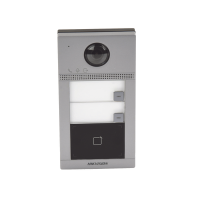 Videoportero IP (IP65 + IK08) con Llamada y apertura desde APP Hik-Connect / Soporta 2 Departamentos / PoE Estandar / Interfaz WEB para configuración / 2 puertas