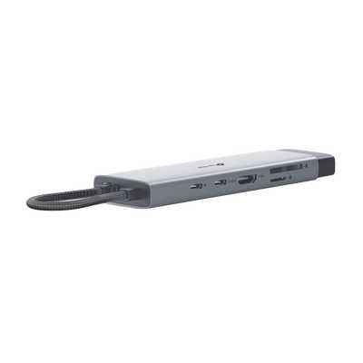 Adaptador HUB 9 en 1, 1 puerto USB-C entrada, 1 puerto HDMI 4K, 1 puerto Ethernet Gigabit, 1 puerto SD y MicroSD, 1 puerto USB-C y 3 puertos USB-A