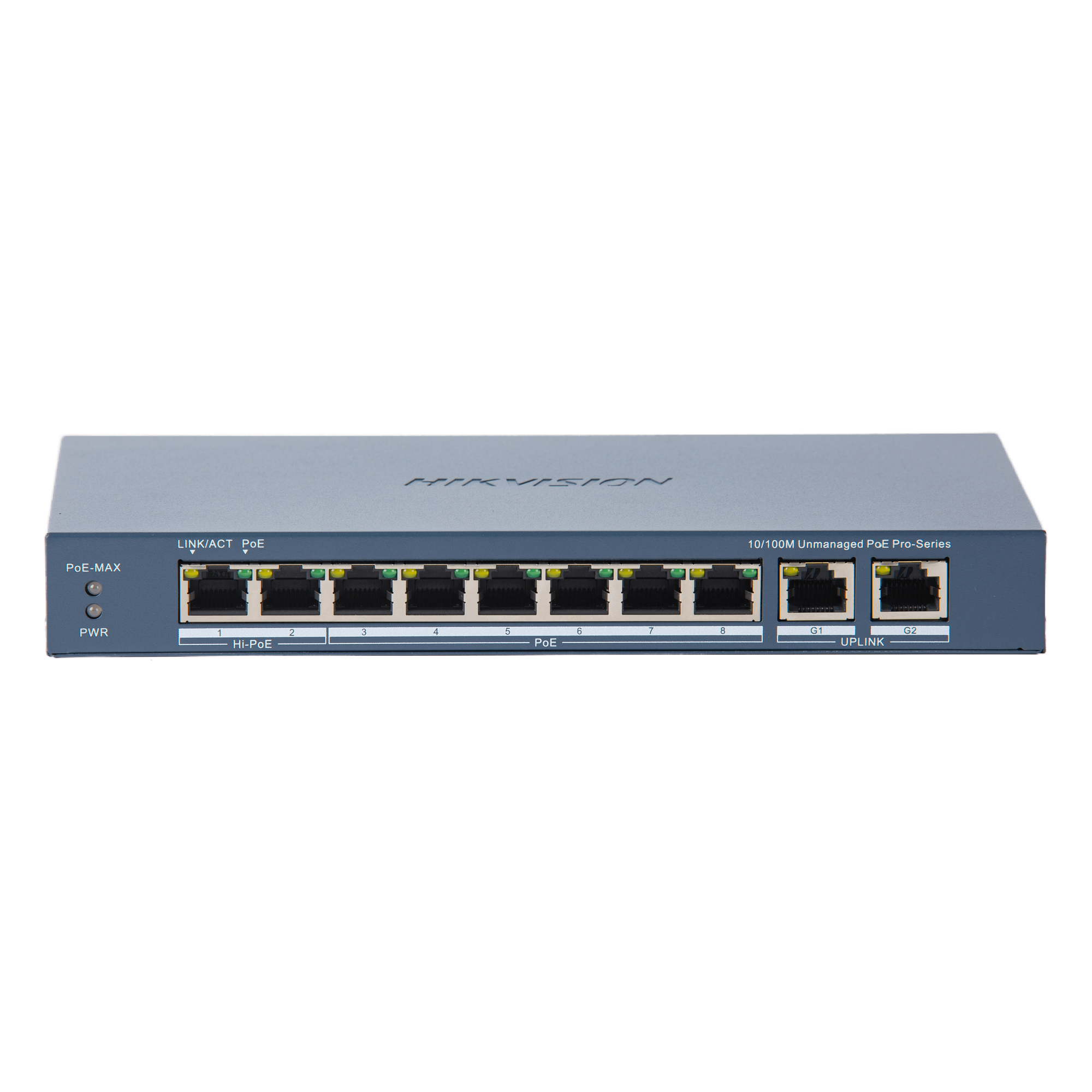 Switch PoE+ / No Administrable / 7 Puertos 10/100 Mbps 802.3 af/at (30 W) / 1 Puerto 10/100 Mbps Hi-PoE (90 W) / 2 Puertos 1000 Mbps Uplink / Modo Extendido hasta 300 Metros / 110 Watts — HIKVISION · SKU DS-3E0310HP-E(C)
