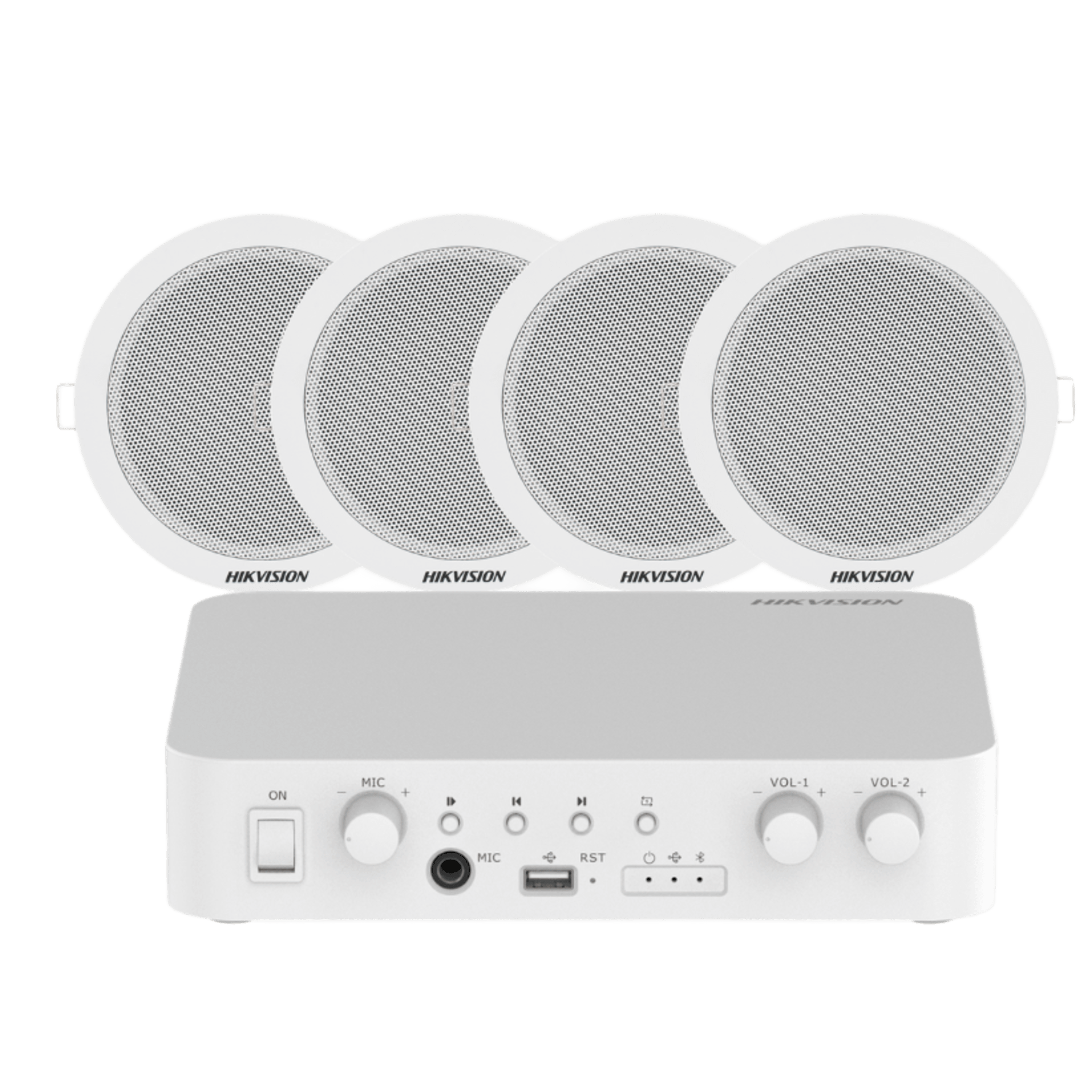 Kit de amplificador compatible con Spotify | bluetooth | 4 altavoces para plafón | sistema 100v | 2 canales con control de volumen independiente | música ambiental — HIKVISION · SKU DSQAEKIT0206/ST