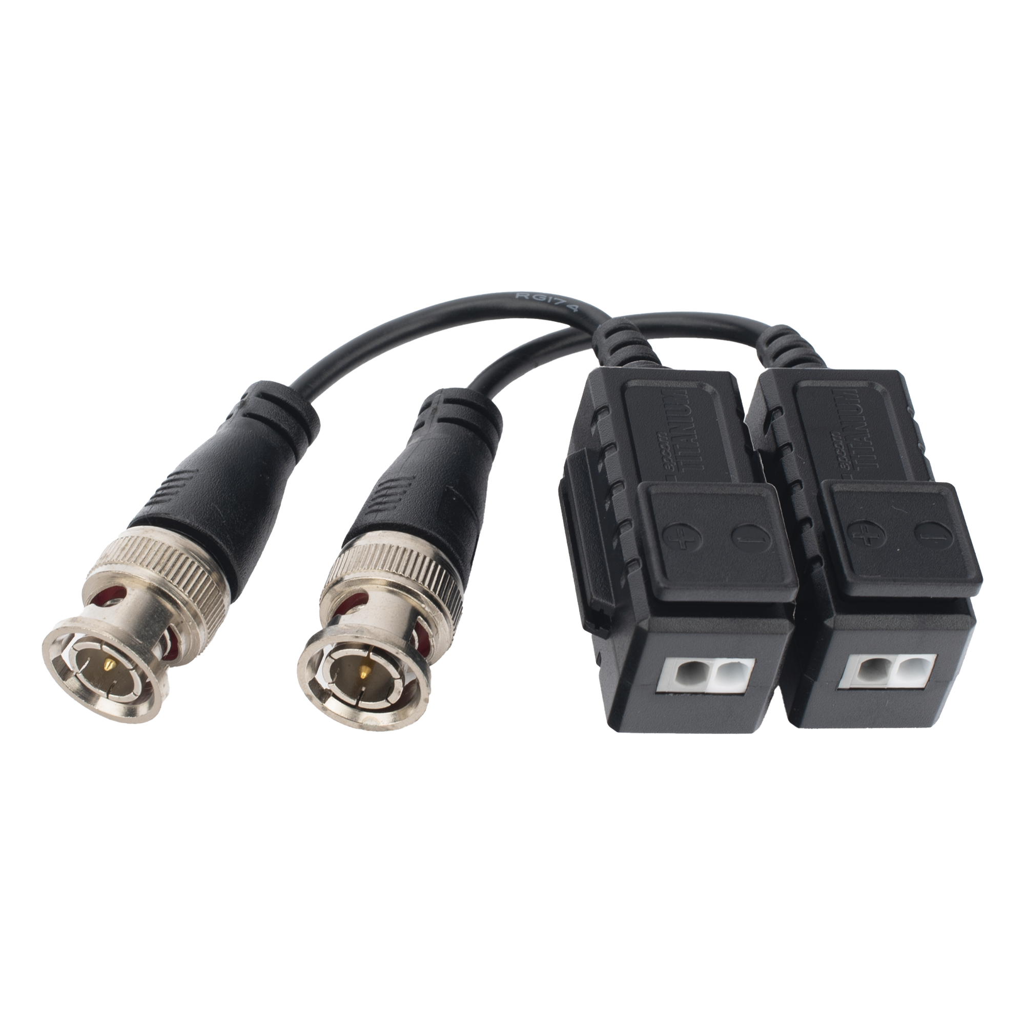 Kit de Transceptores (Baluns) con Terminal PUSH SUPERIOR, Resolución 4K , Cable flexible COAXIAL Blindado / COAXITRON / AUDIO POR COAXITRON / Menu OSD /Conector 100% COBRE / protección TVS, Calidad PREMIUM — EPCOM TITANIUM · SKU TT-101-F-TURBO