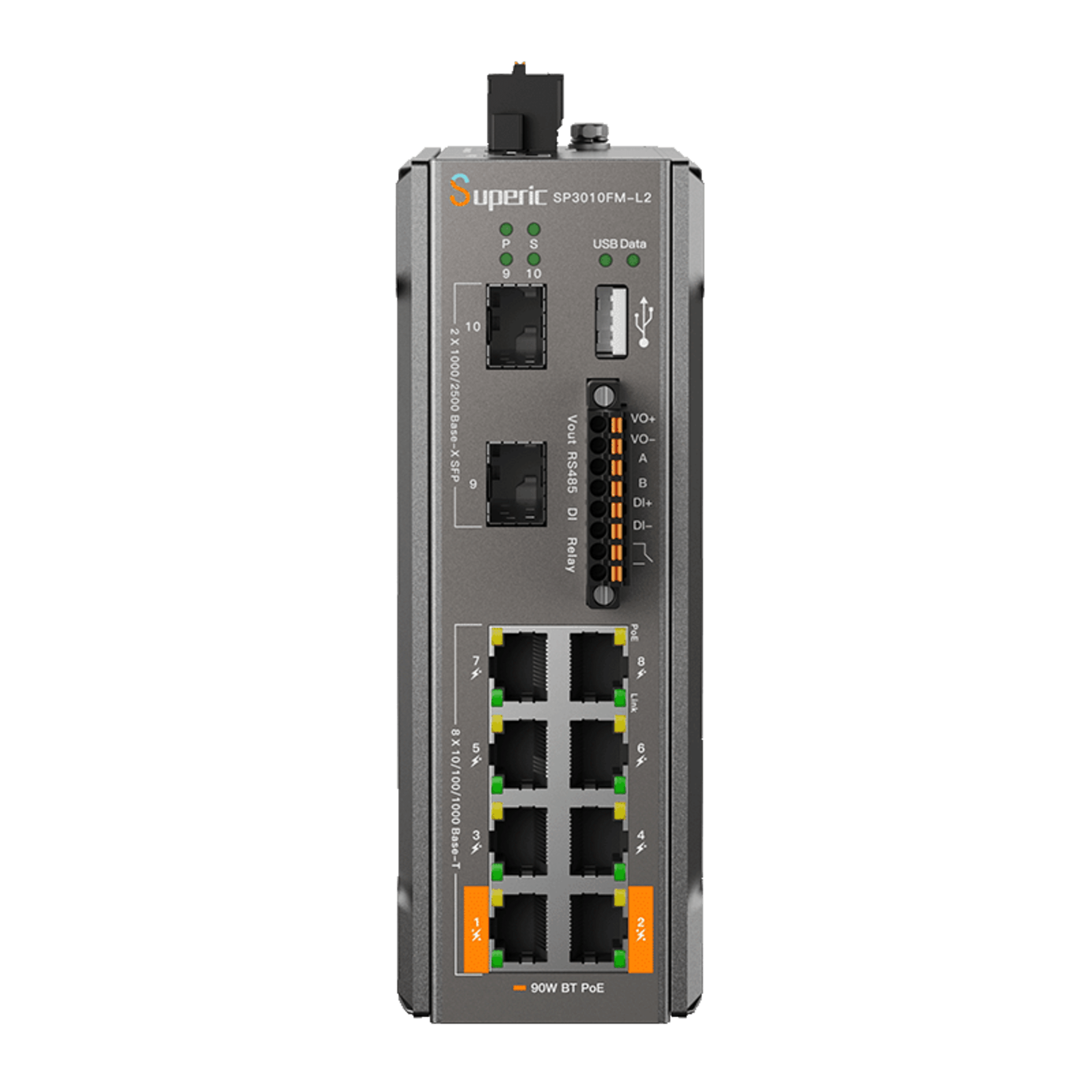 Switch de Red SP3010FM-L2 (V3) / 8 Puertos 10/100/1000Mbps PoE / 2 Puertos SFP 1000M/2.5Gbps / 240W PoE Budget / 26Gbps Capacidad de Conmutación / 19.3Mpps Tasa de Reenvío / DIN-Rail, Pared, Escritorio / -40℃~75℃ / CE, FCC, RoHS, UKCA, R