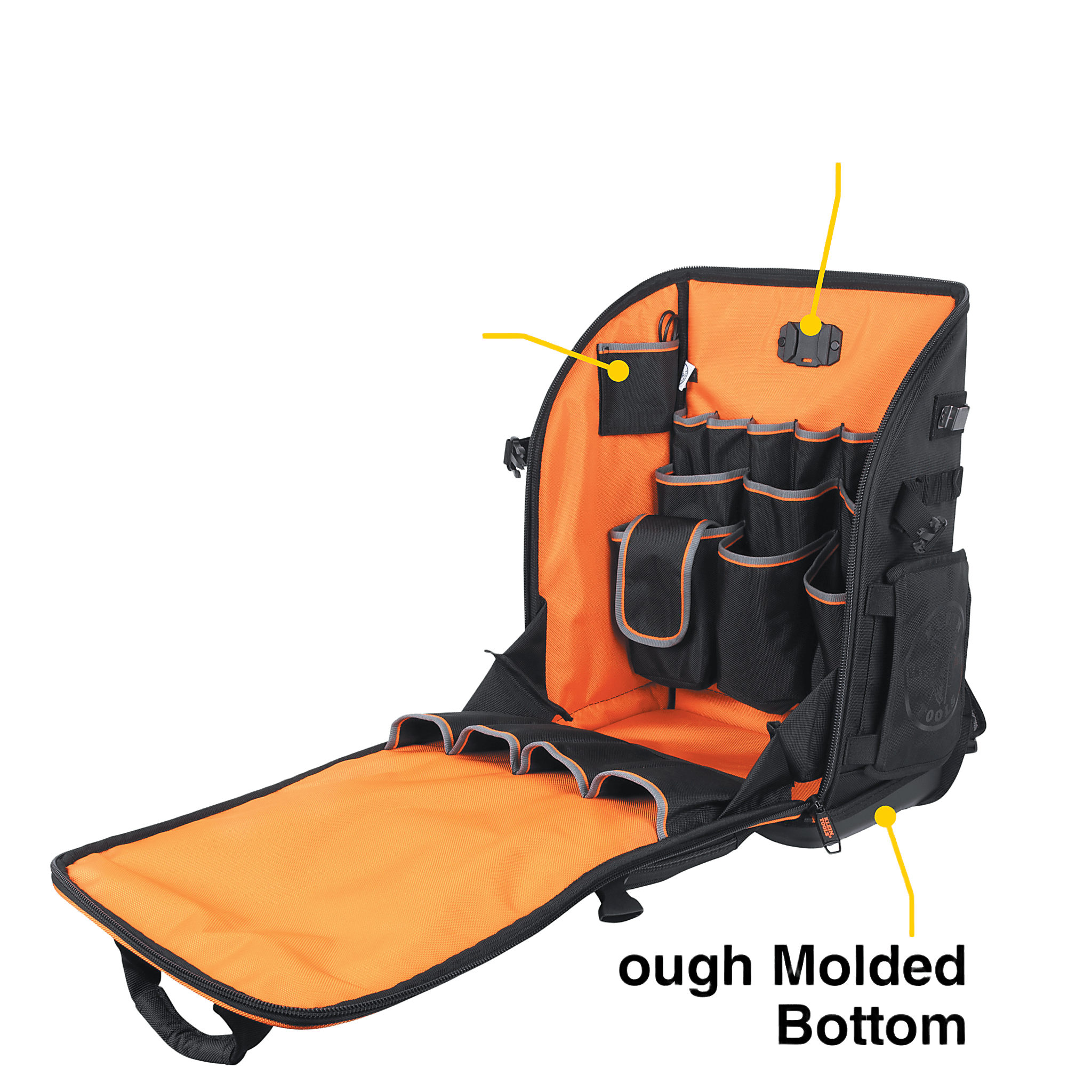 Mochila Profesional para Herramientas / 27 Bolsillos / Acceso Rápido y Estación de Trabajo / Base Moldeada Ancha / Interior Naranja / USB-C / Soporte para Lámpara
