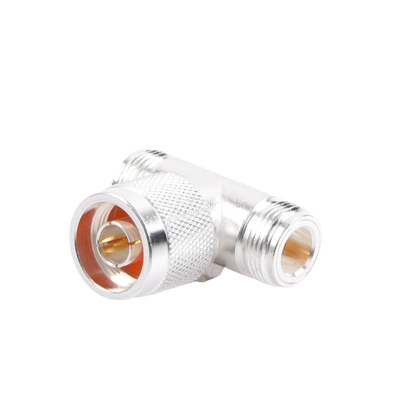 Adaptador en T, de Conector N Macho a Doble N Hembra, Plata/ Oro/ Teflón.
