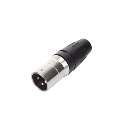 CONECTOR MACHO XLR DE 3 NÚCLEOS CON CARCASA DE ACERO INOXIDABLE Y CONTACTOS CHAPADOS EN ORO