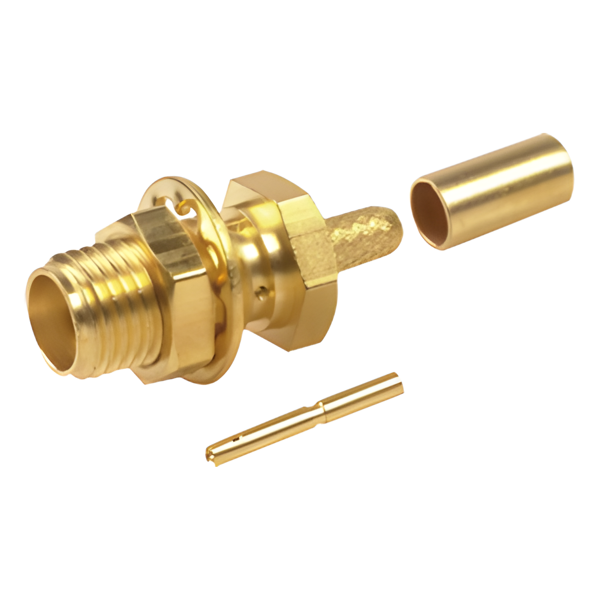 Conector SMA Hembra para Chasis en D Plano, Anillo Plegable para cable RG-174/U, Oro/ Oro/ Teflón. — RF INDUSTRIES,LTD · SKU RSA-3252-1B