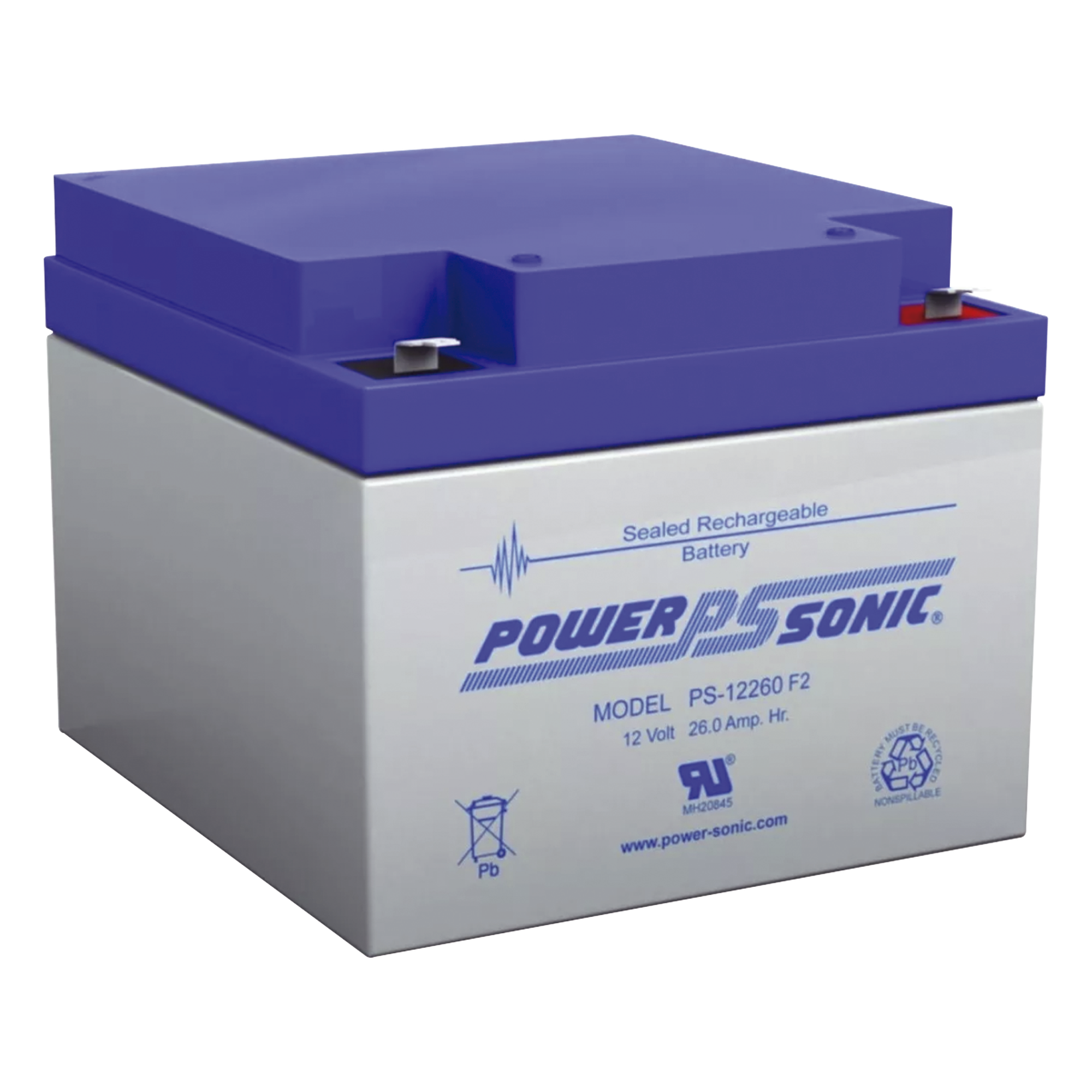 Batería 12V, 26AH, Para Respaldo, Tecnologías AGM/VRLA, 5 Años Vida Útil, Terminales F2, Reconocida UL — POWER SONIC · SKU PS-12260-F2