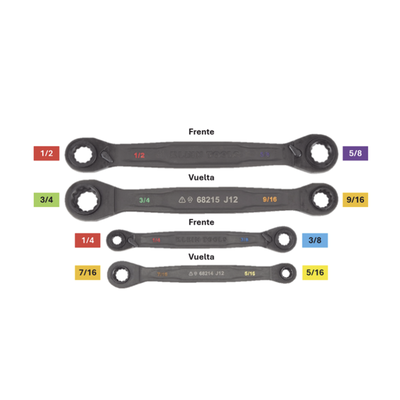 Juego de 2 llaves Estriadas de Matraca 4 en 1 con 8 Medidas Inglesas 1/2-5/8", 3/4-9/16", 1/4-3/8", 7/16-5/16"